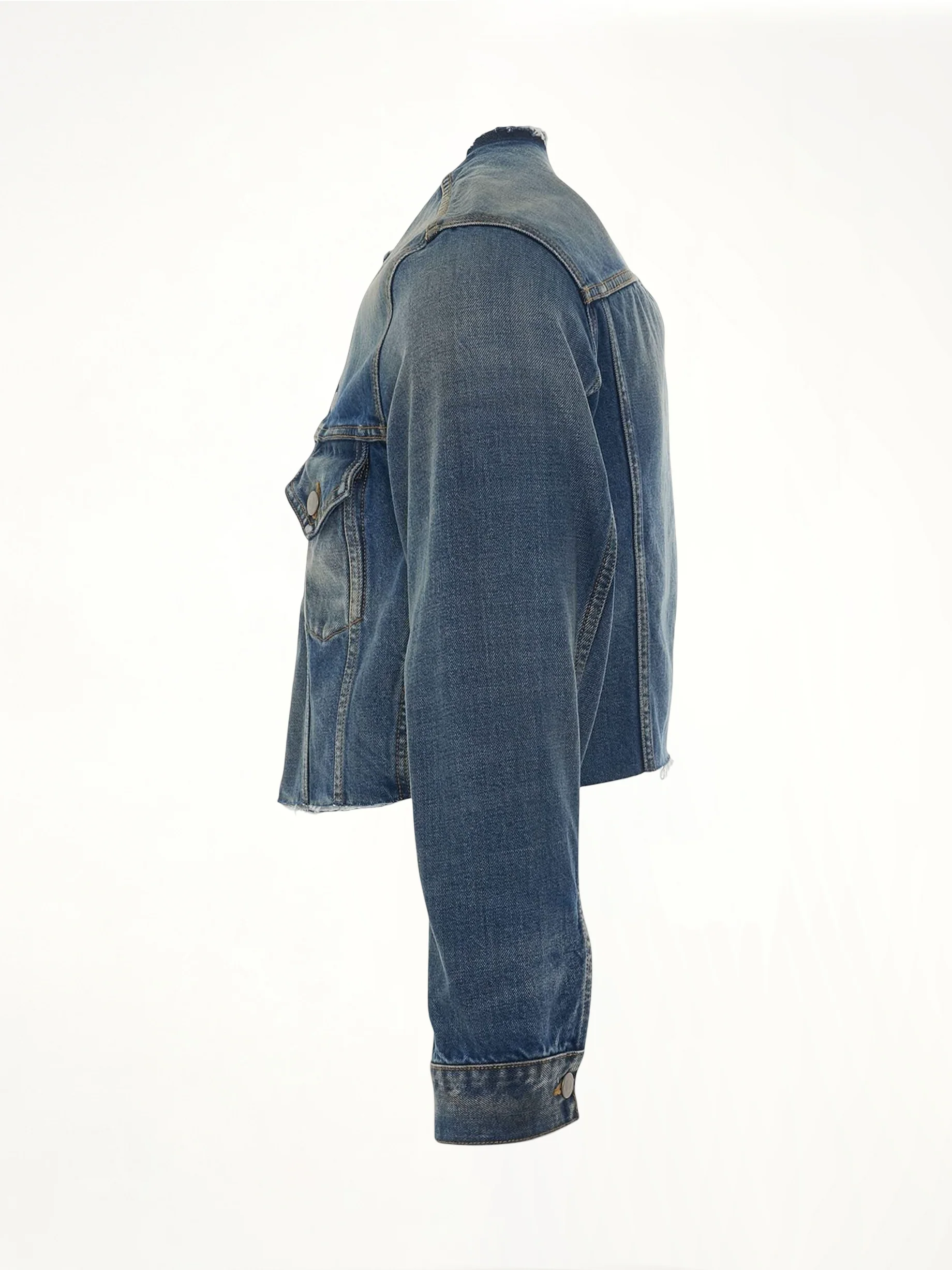 Cropped Collarless Denim Jacket - Image 3
