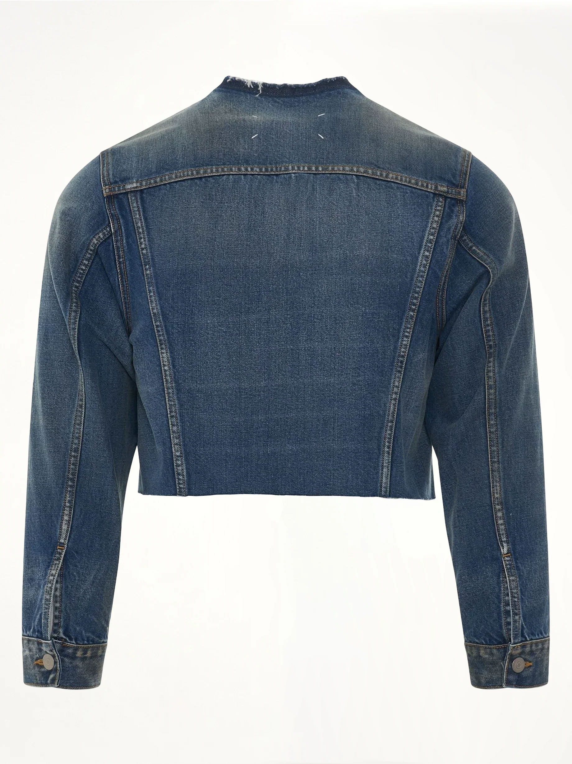 Cropped Collarless Denim Jacket - Image 4