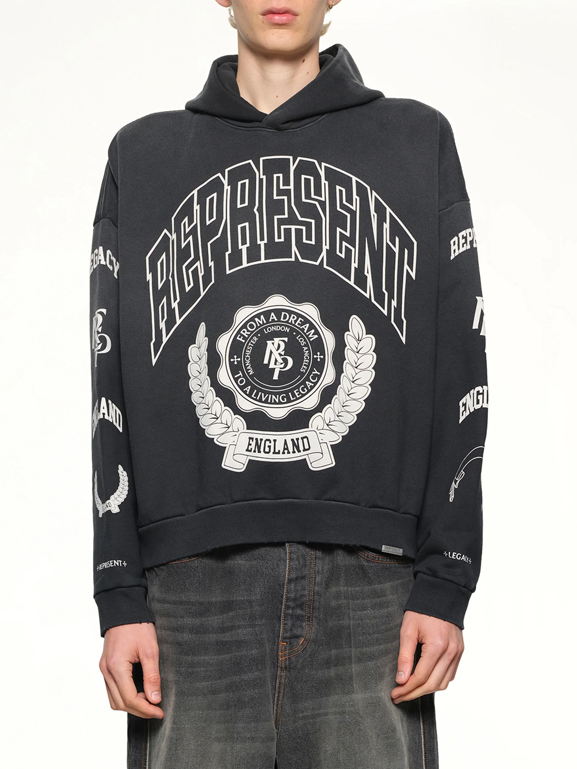 Represent Legacy Crest Hoodie in Stained Black