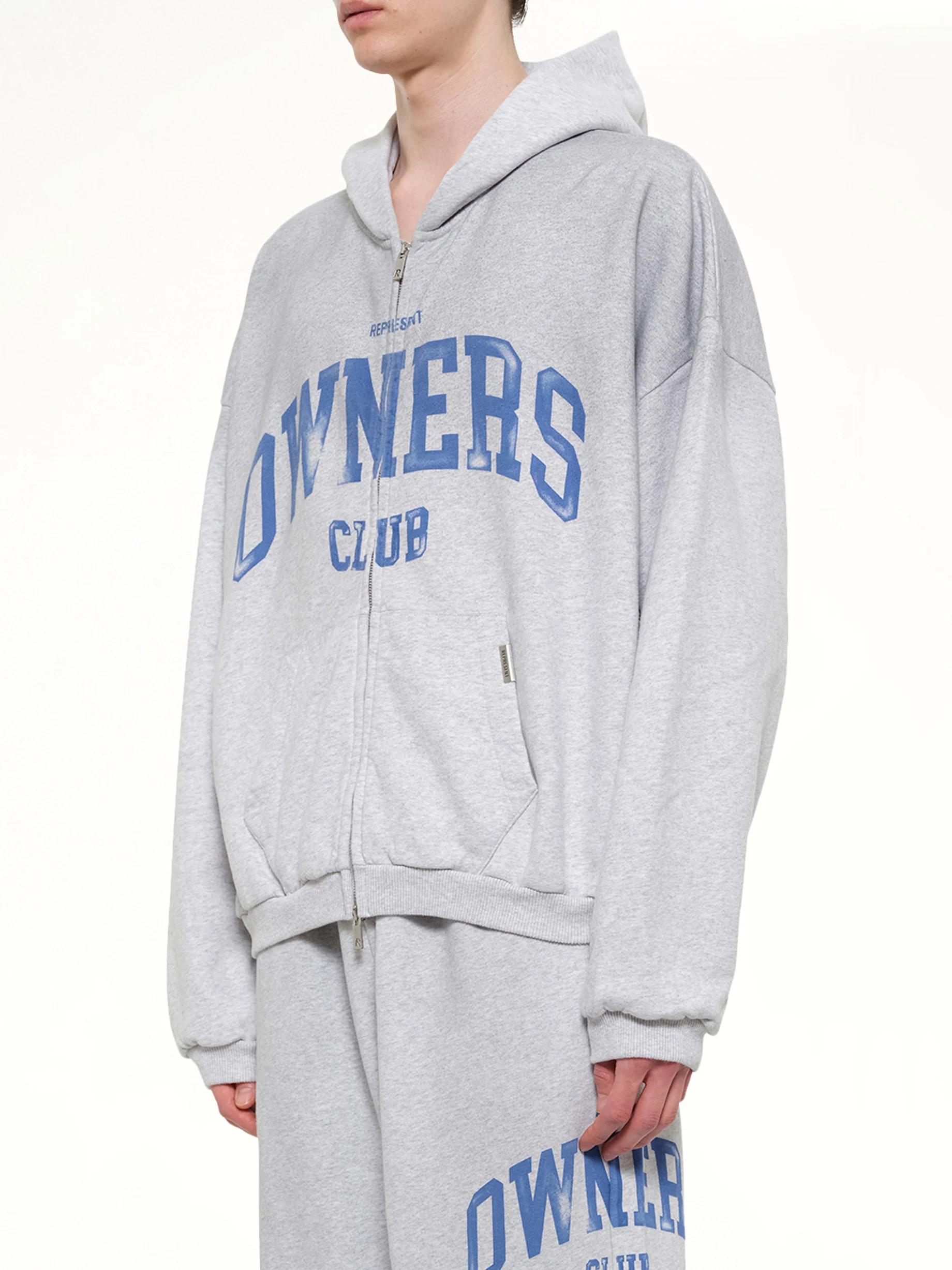 Represent Owners Club Zip Through Hoodie in Sprayed Ice Grey Marl - Image 3
