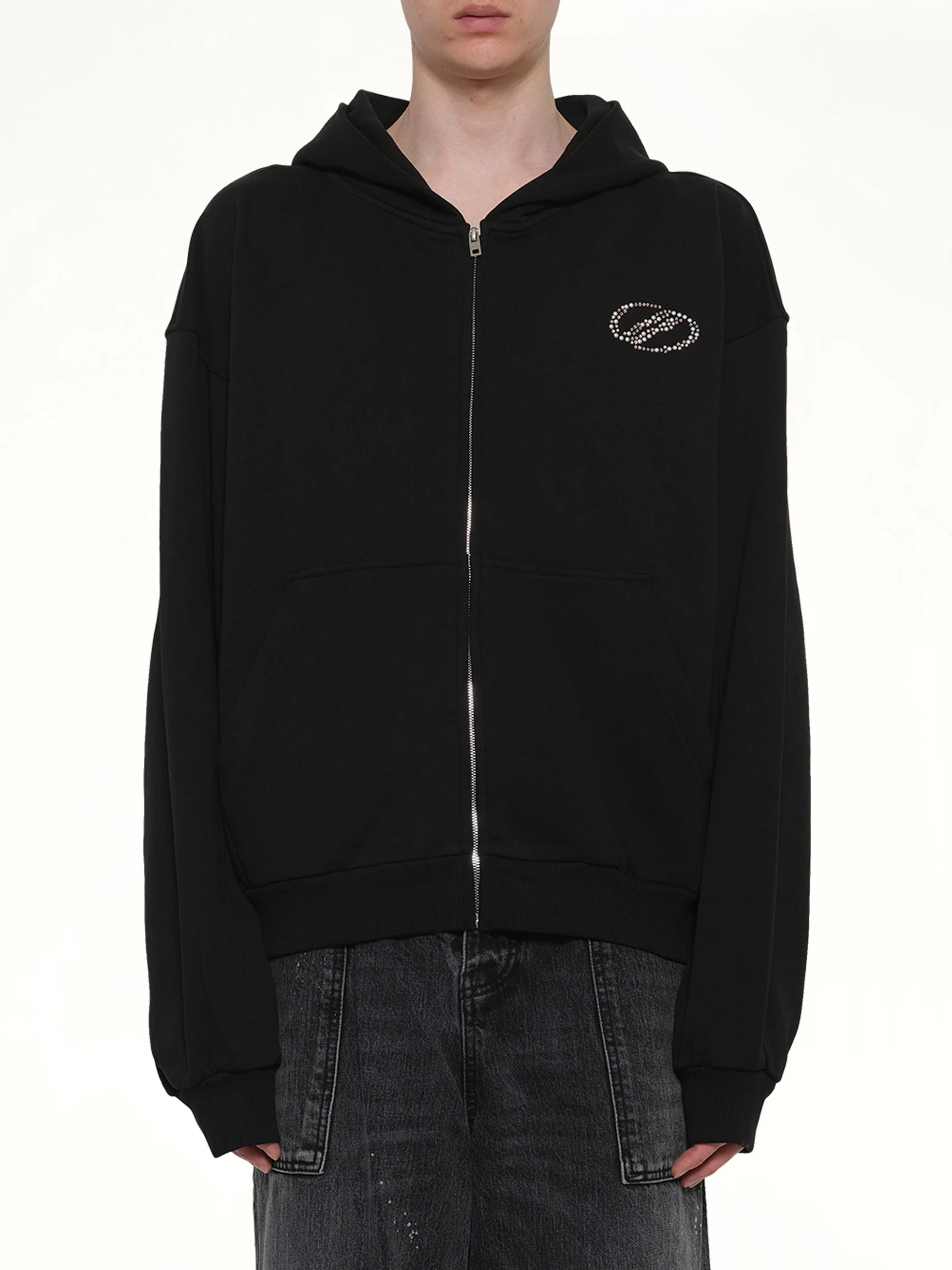 Rhinestone Zip-Up Balloon Hoodie in Black