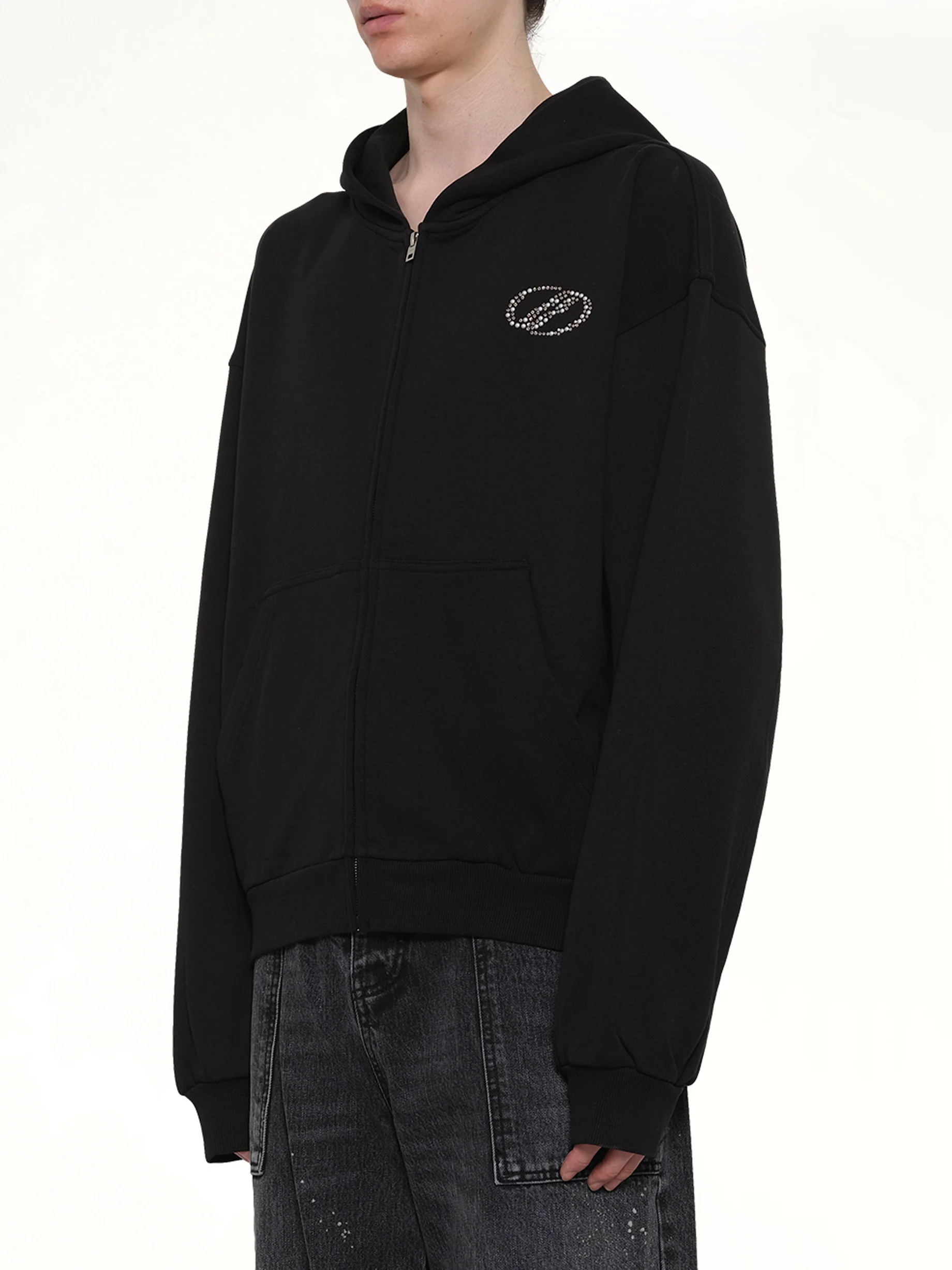 Rhinestone Zip-Up Balloon Hoodie in Black - Image 3