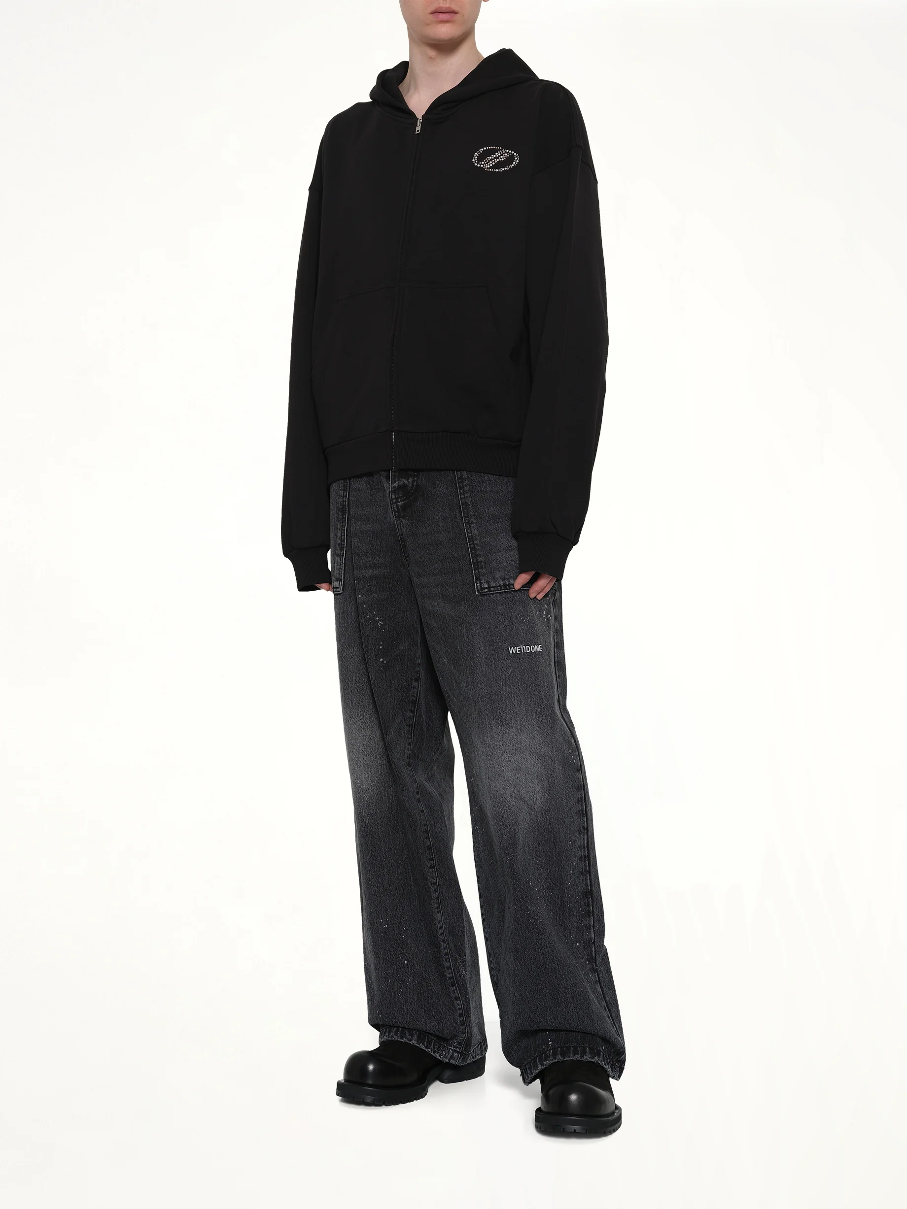 Rhinestone Zip-Up Balloon Hoodie in Black - Image 4