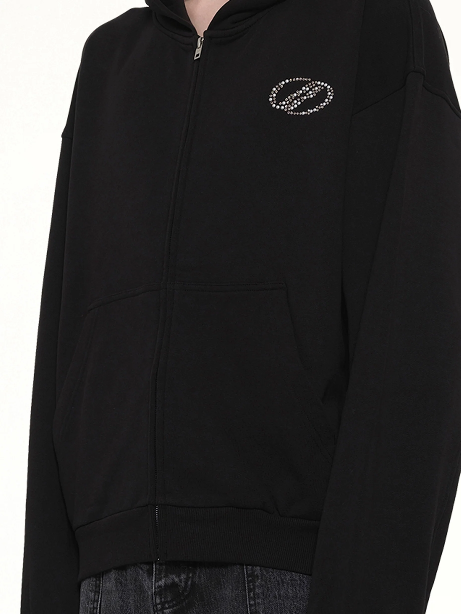 Rhinestone Zip-Up Balloon Hoodie in Black - Image 6
