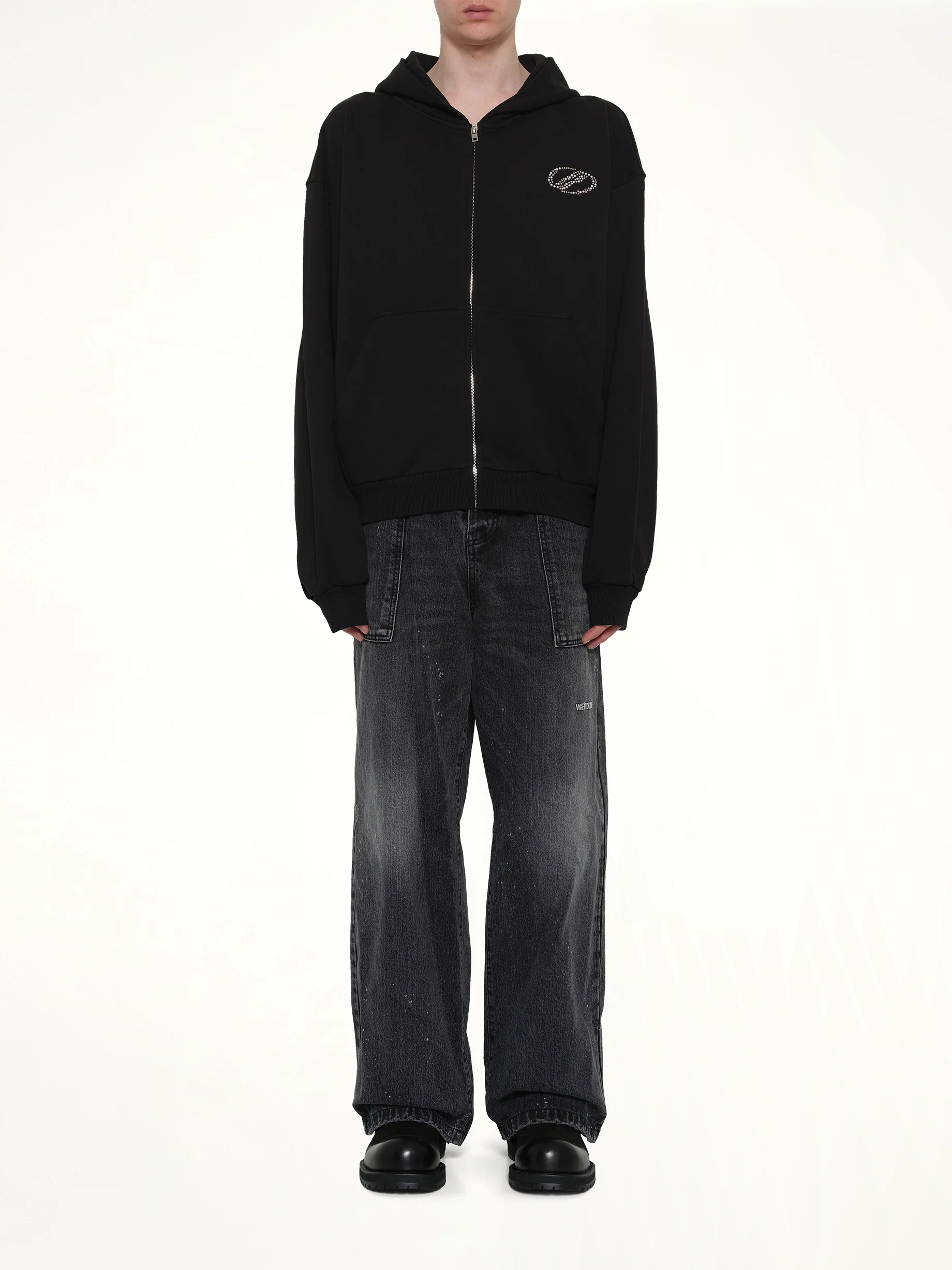 Rhinestone Zip-Up Balloon Hoodie in Black - Image 7