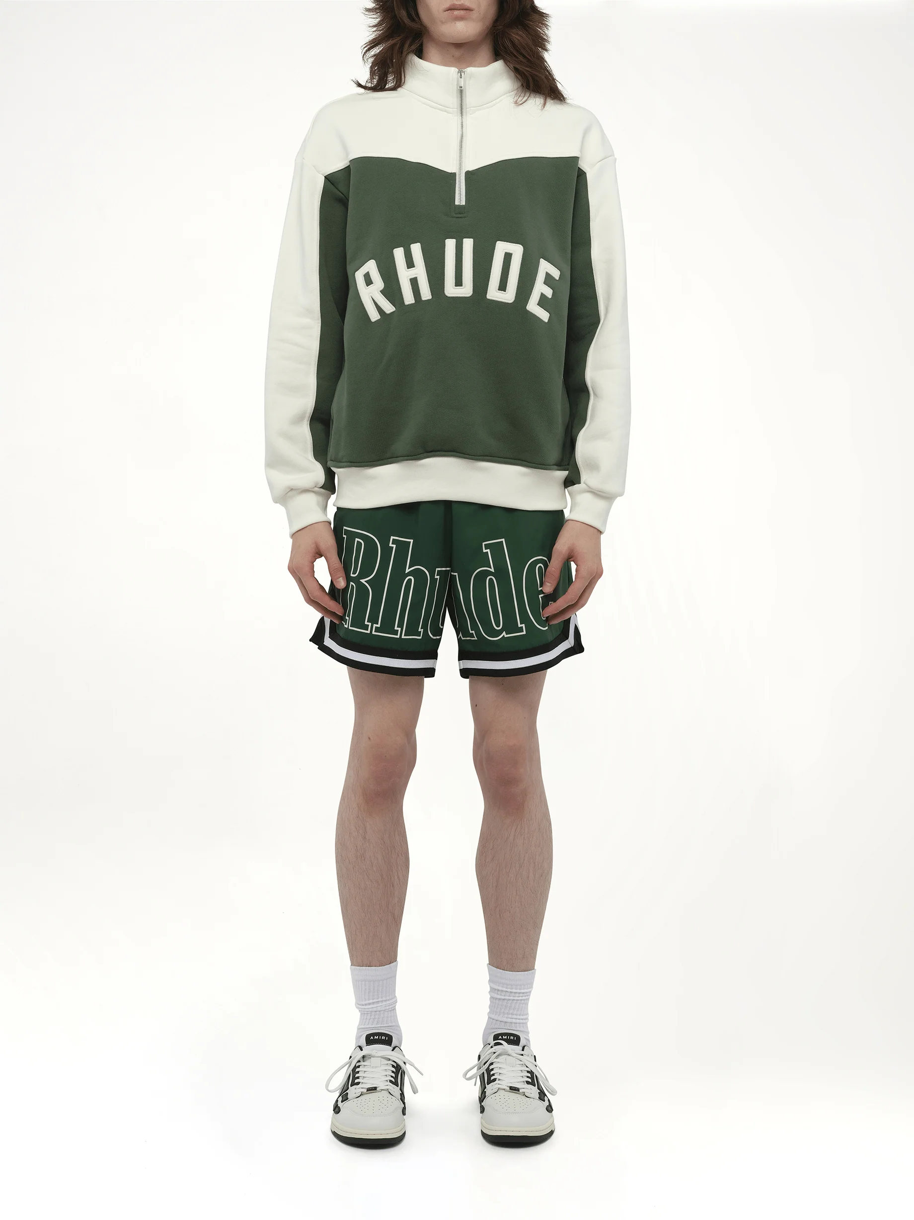 Rhude Monaco Half-Zip Sweatshirt in Hunter Green/Cream - Image 7