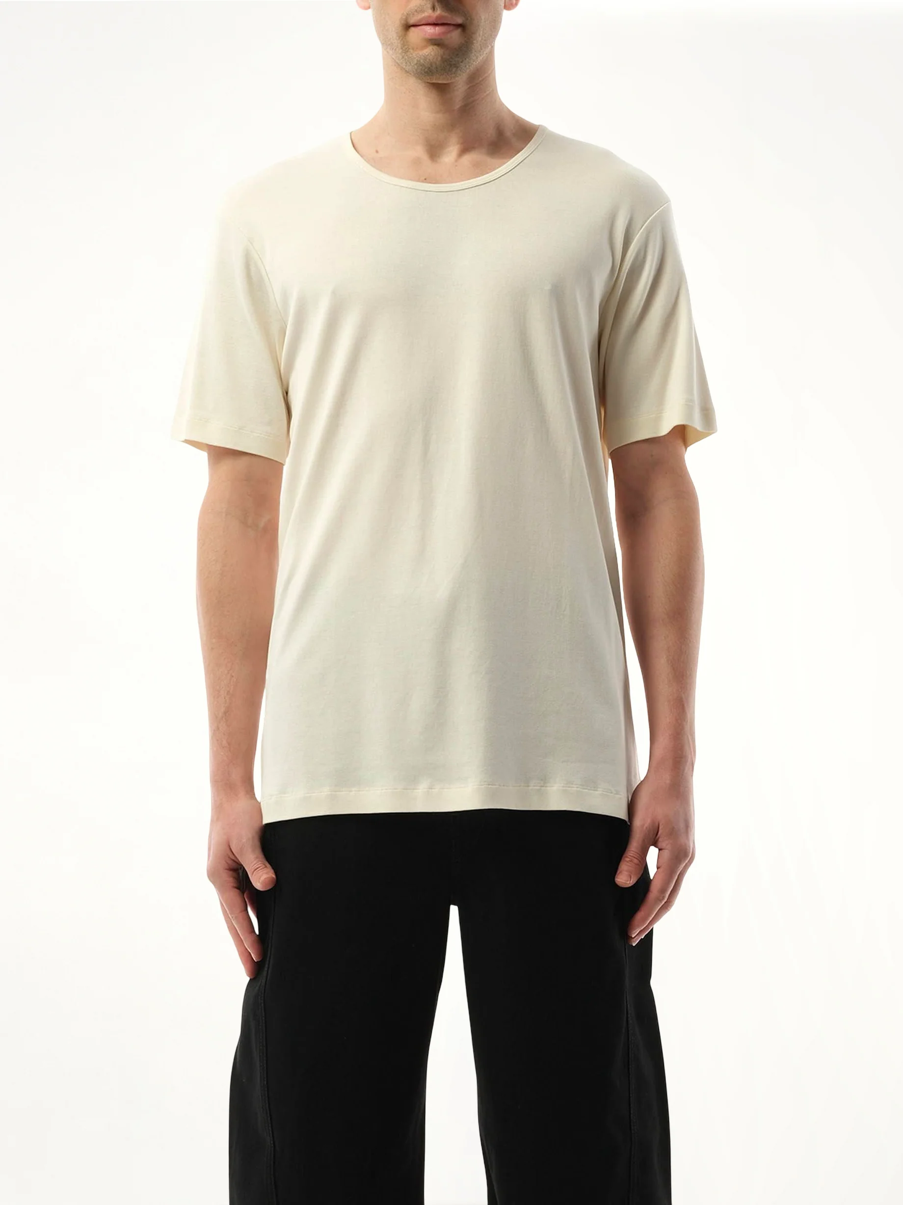 Rib U Neck T-Shirt in Light Cream