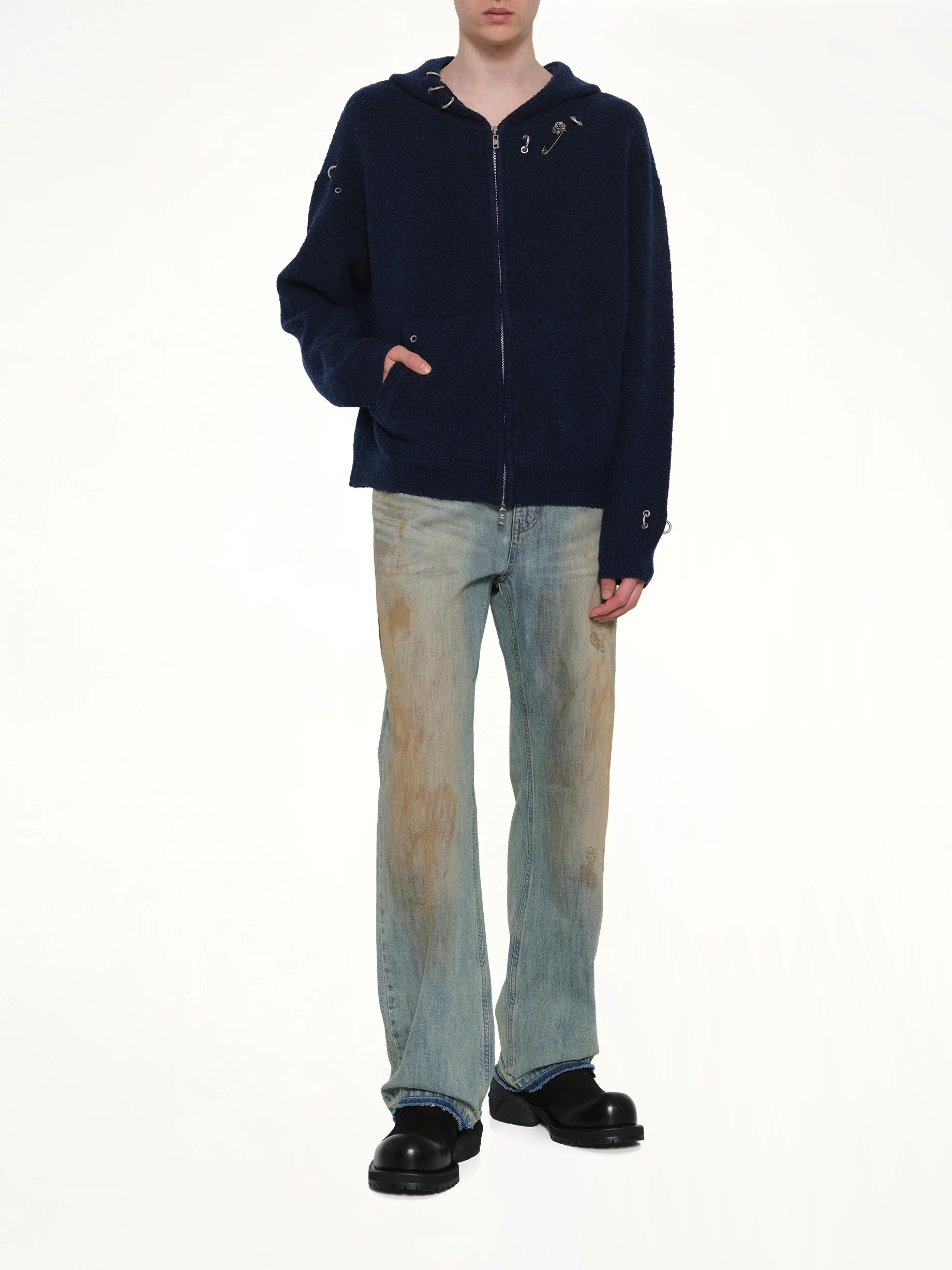 Rose with Thorns Zip-Up Hoodie in Dark Navy - Image 4