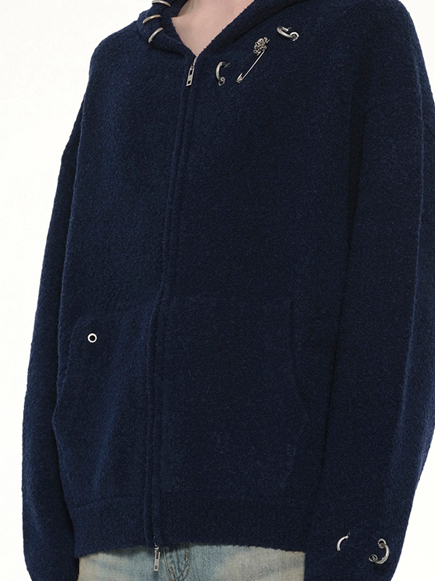 Rose with Thorns Zip-Up Hoodie in Dark Navy - Image 6