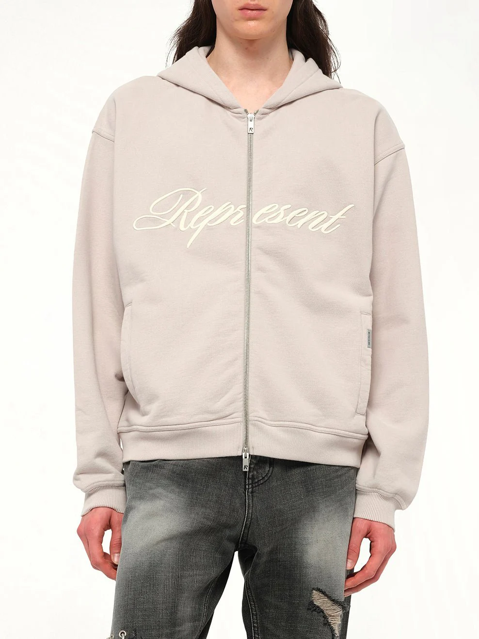 Script Logo Zip Hoodie in Concrete - Image 6