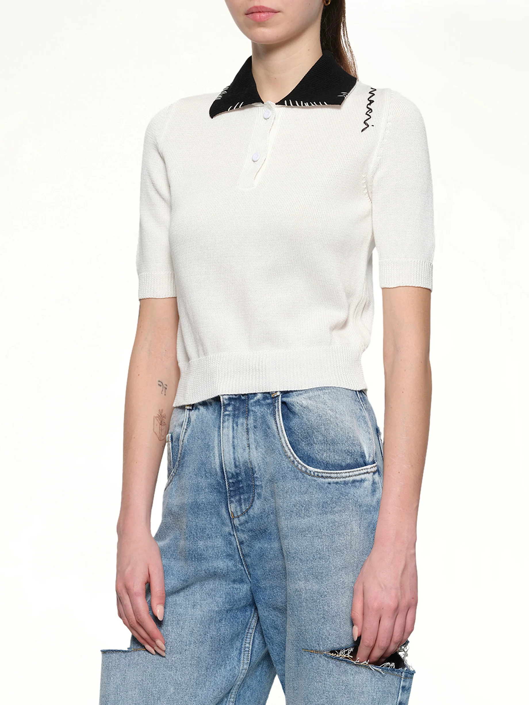Short Sleeve Knit Polo in Natural White - Image 6