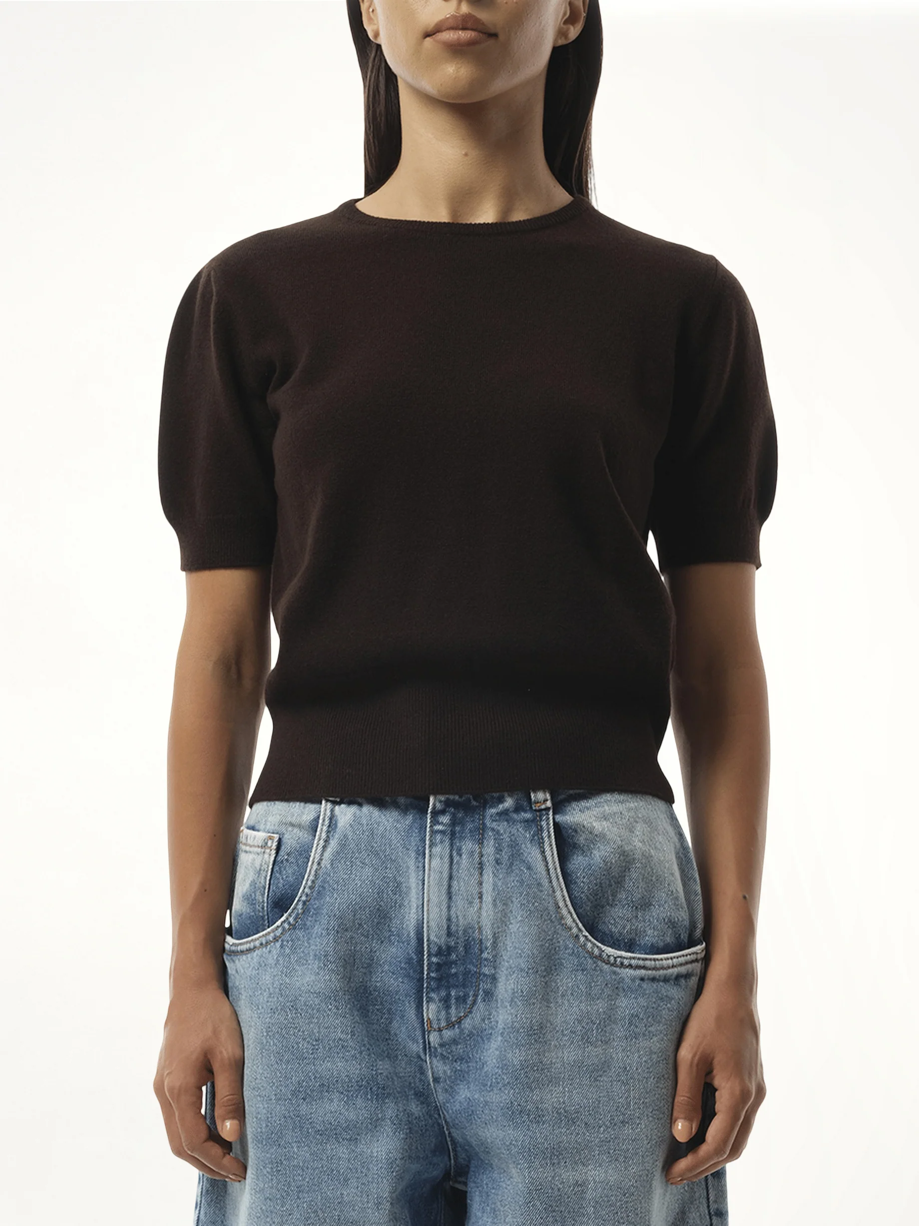 Short-sleeved Sweater in Dark Brown