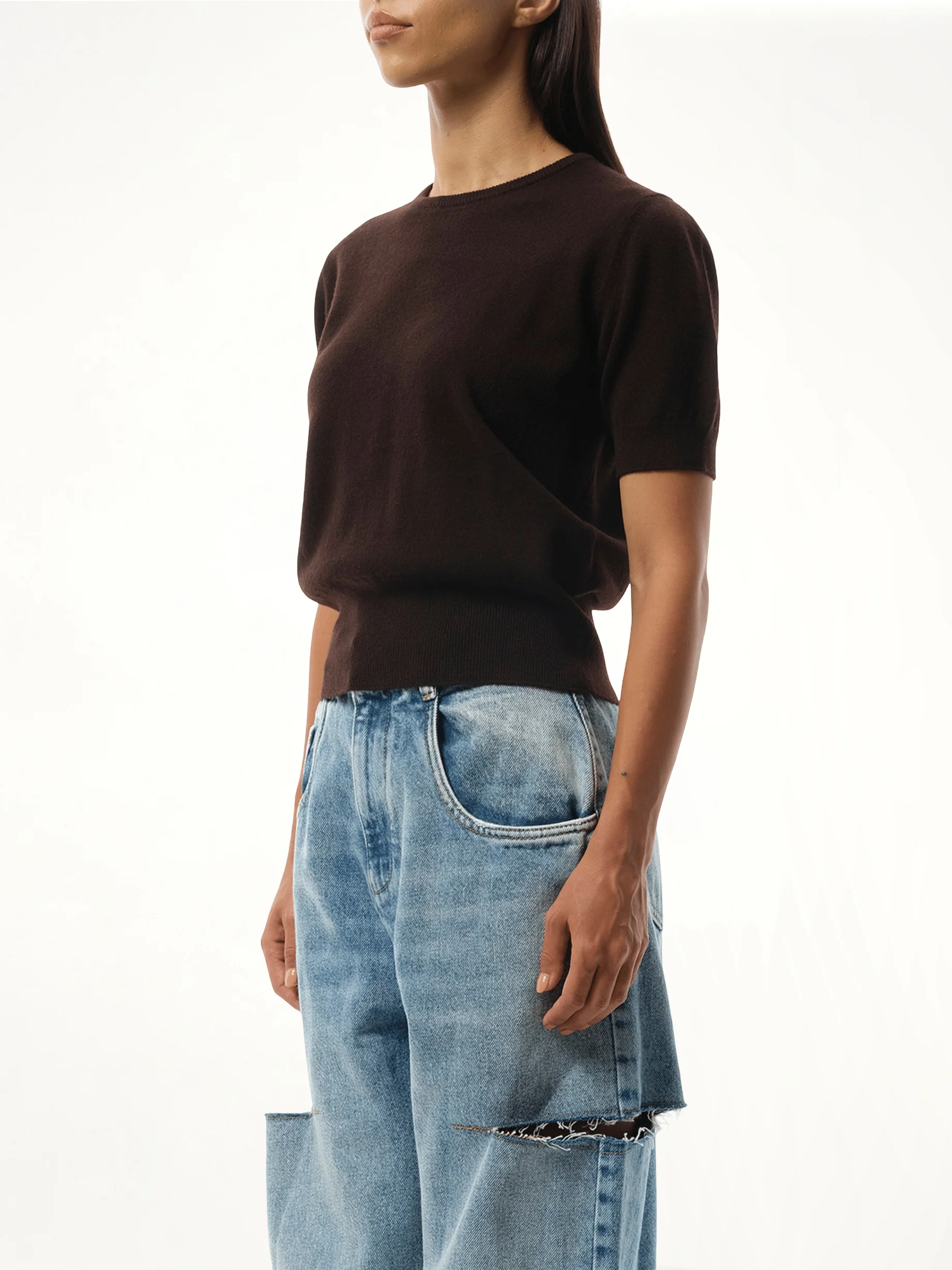 Short-sleeved Sweater in Dark Brown - Image 5