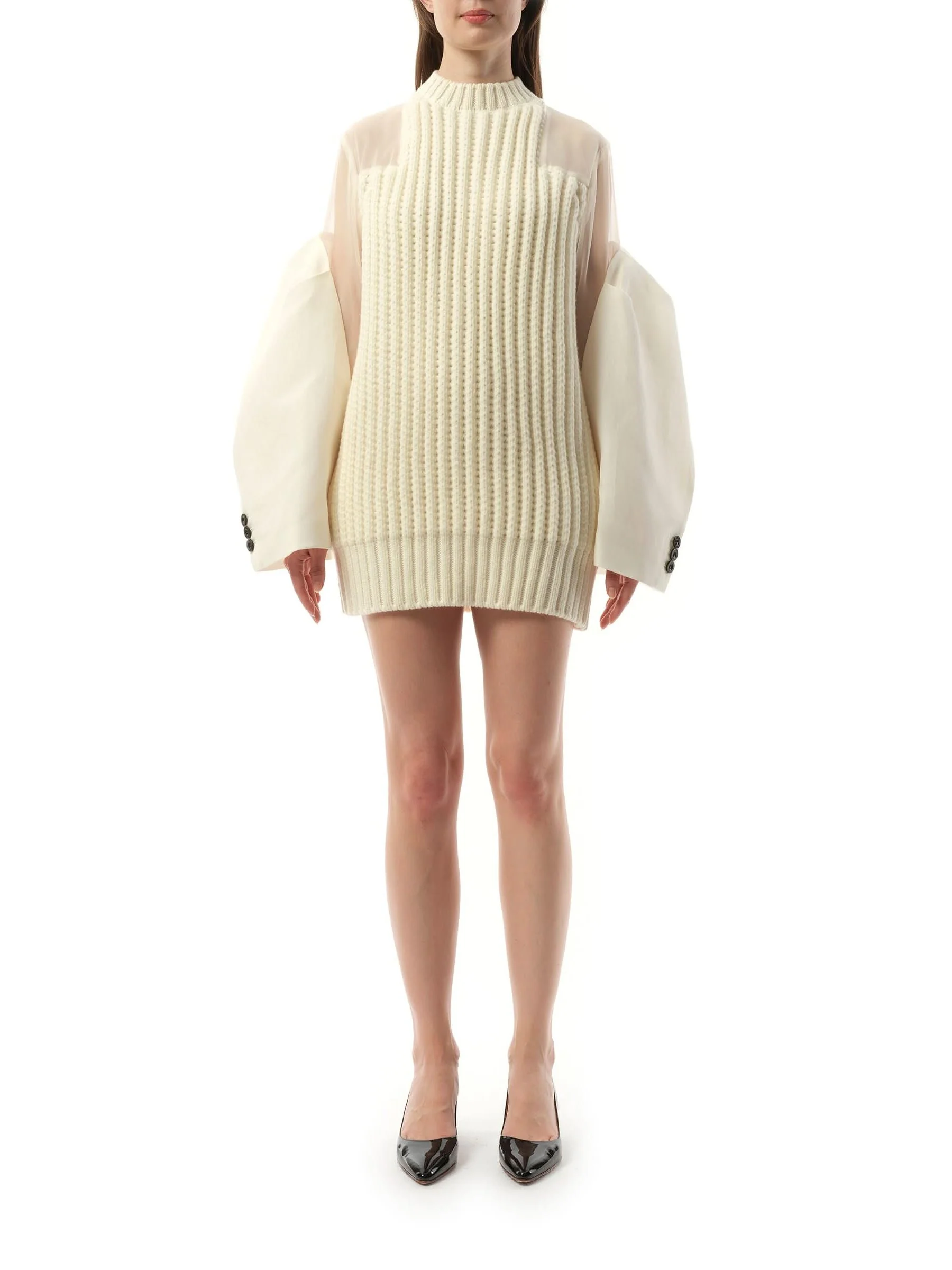 Silk Chiffon Mix Knit Dress in Off White - Image 4