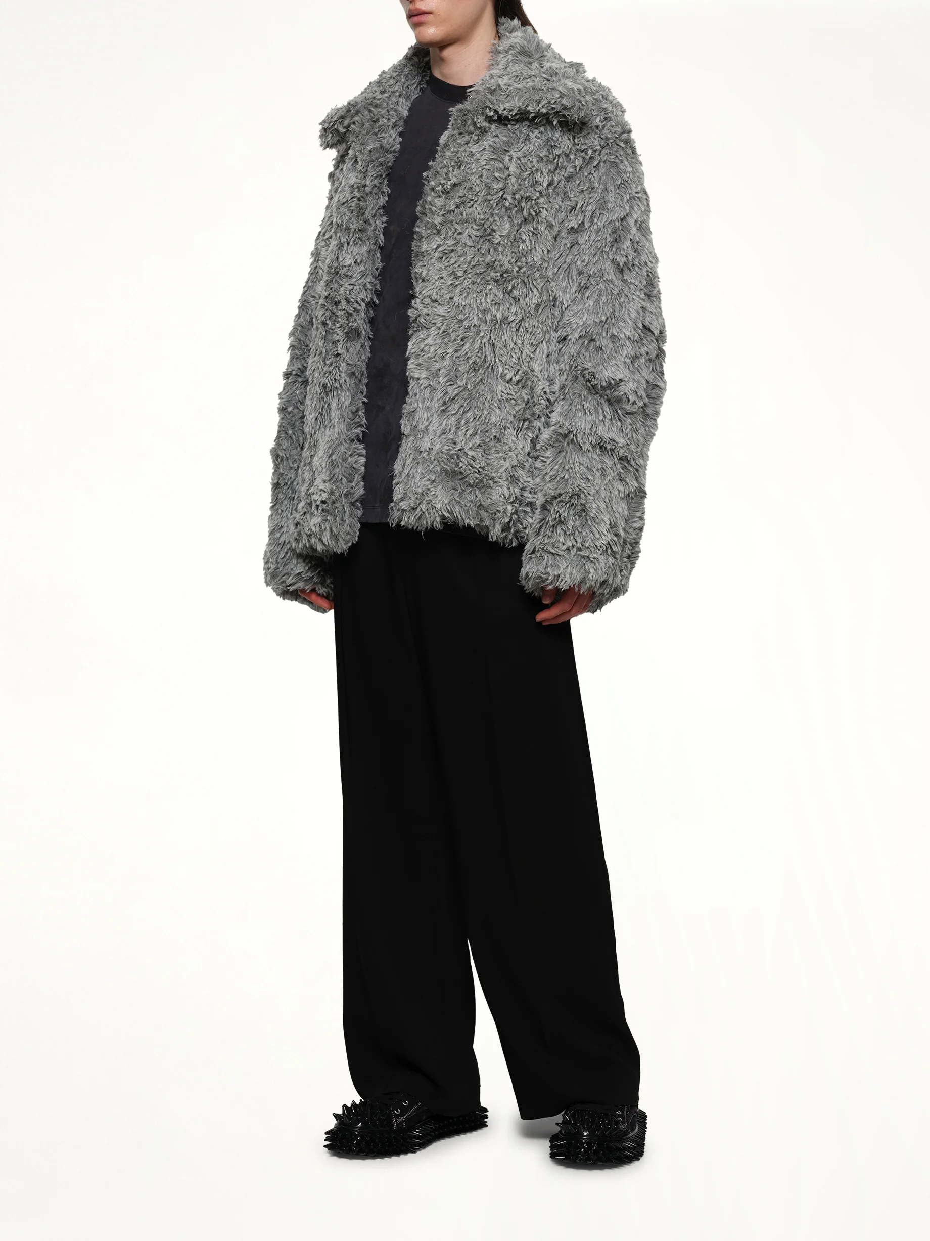 Sinister Mouth Faux Fur Jacket in Grey - Image 4