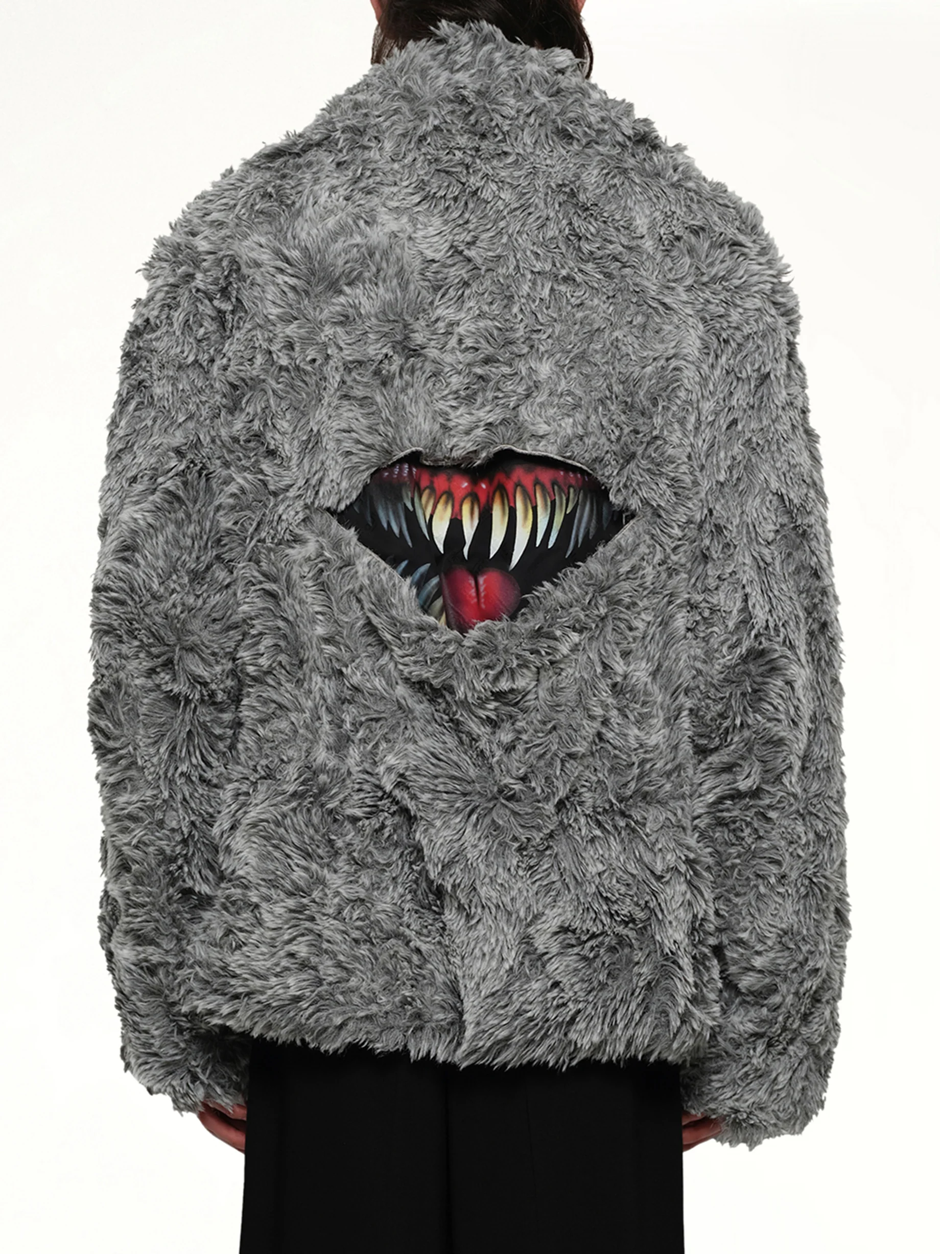 Sinister Mouth Faux Fur Jacket in Grey - Image 5