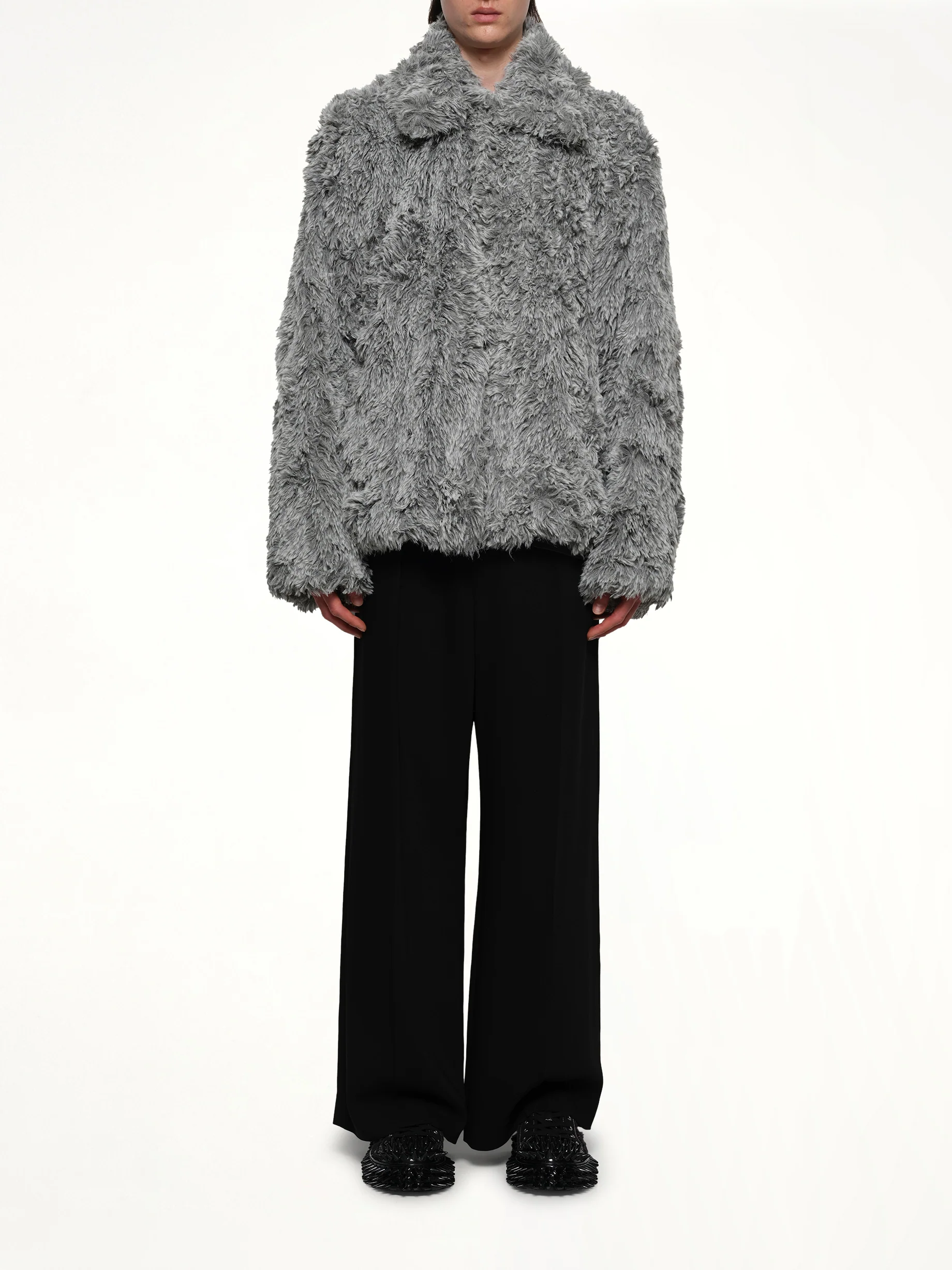 Sinister Mouth Faux Fur Jacket in Grey - Image 7