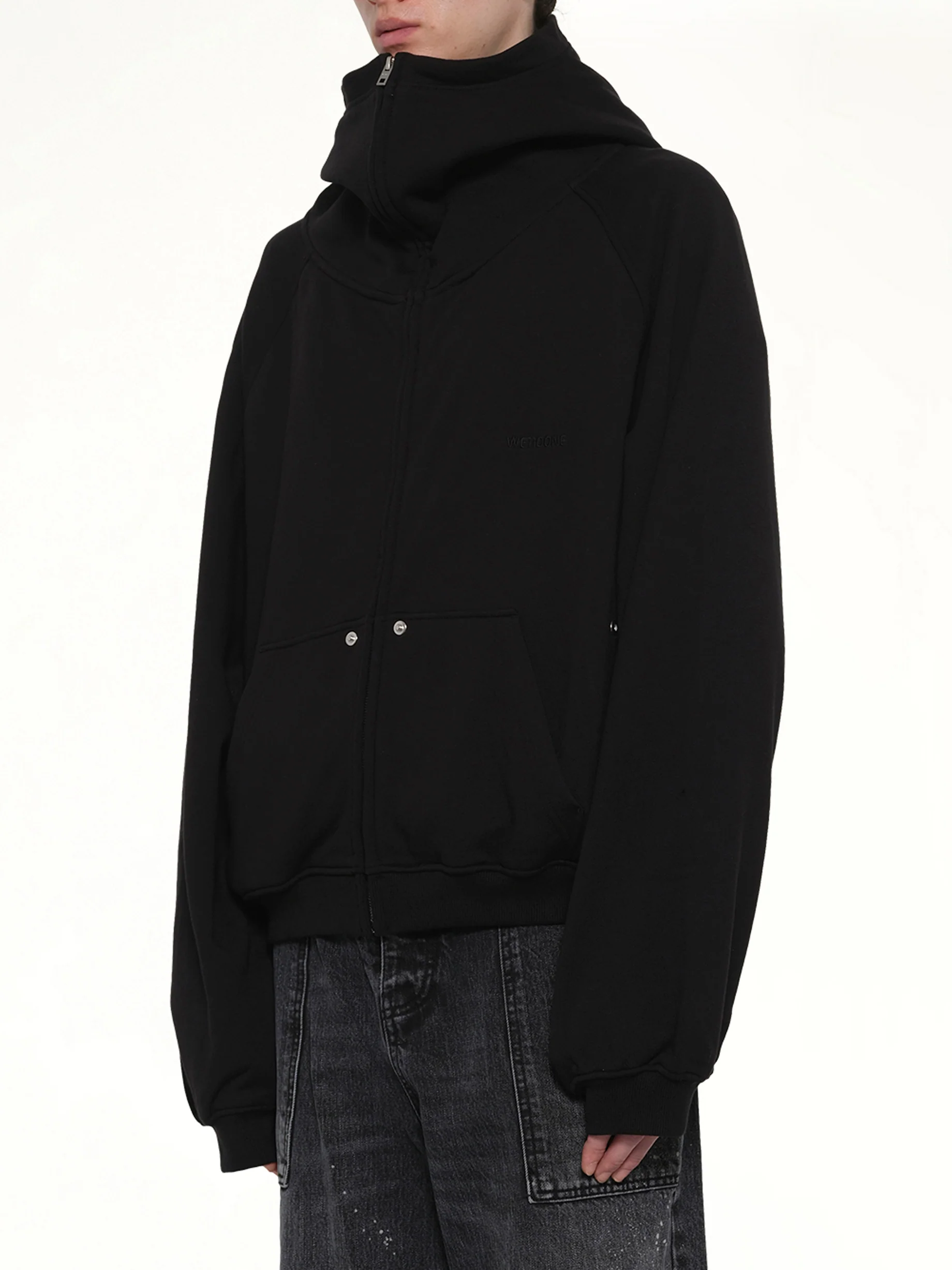 Snap-Detail Jersey Zip-Up Hoodie in Black - Image 3