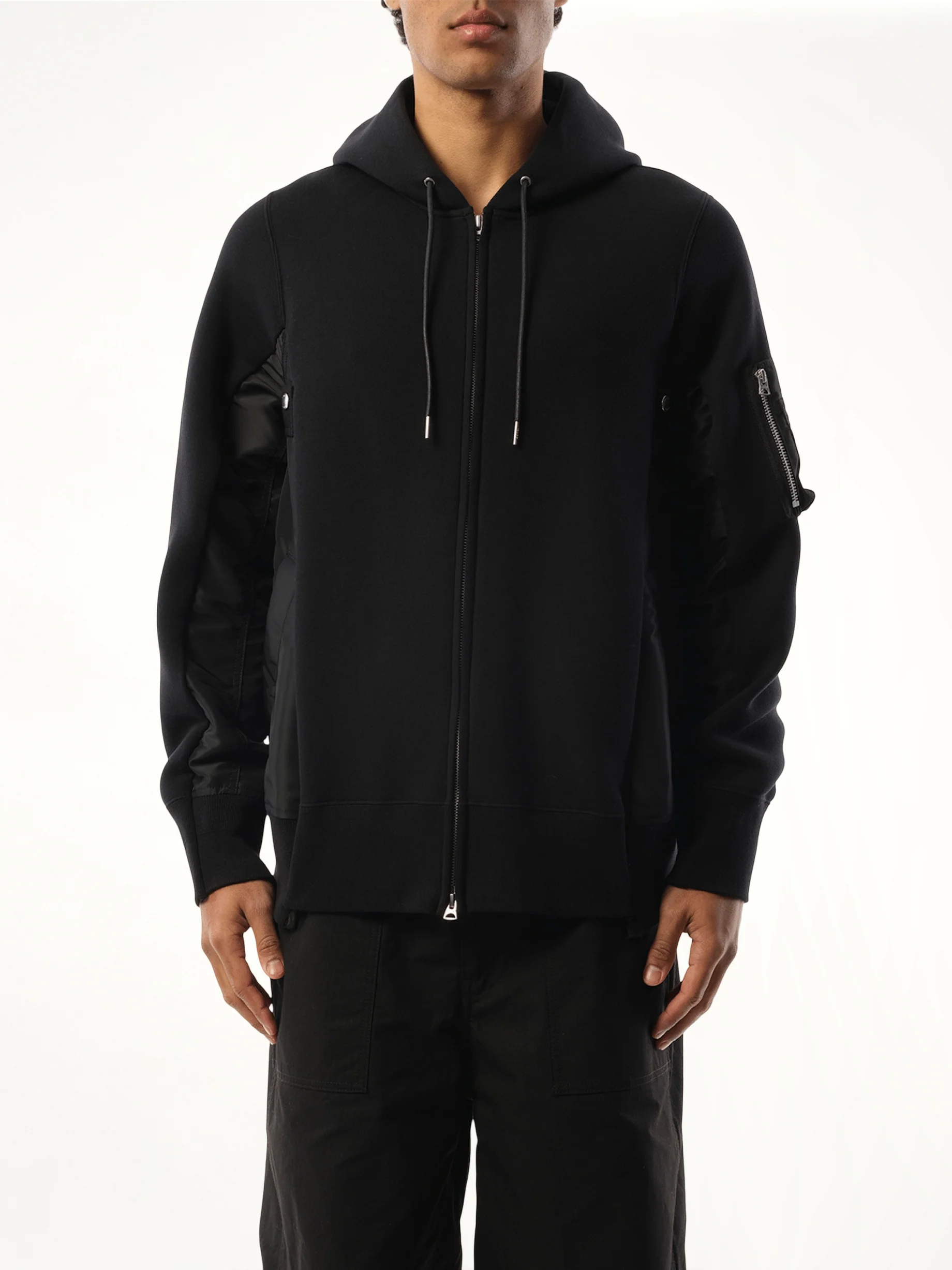 Sponge Sweat Nylon Twill Zip Hoodie in Black