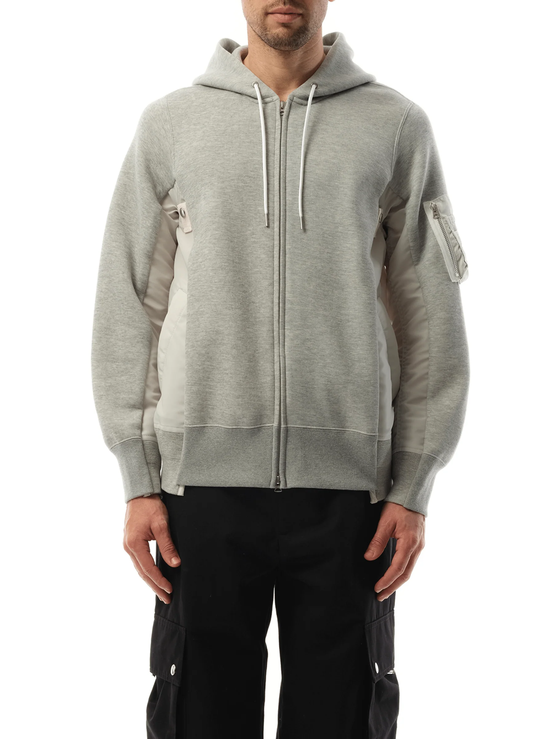 Sponge Sweat Nylon Twill Zip Hoodie in Light Gray