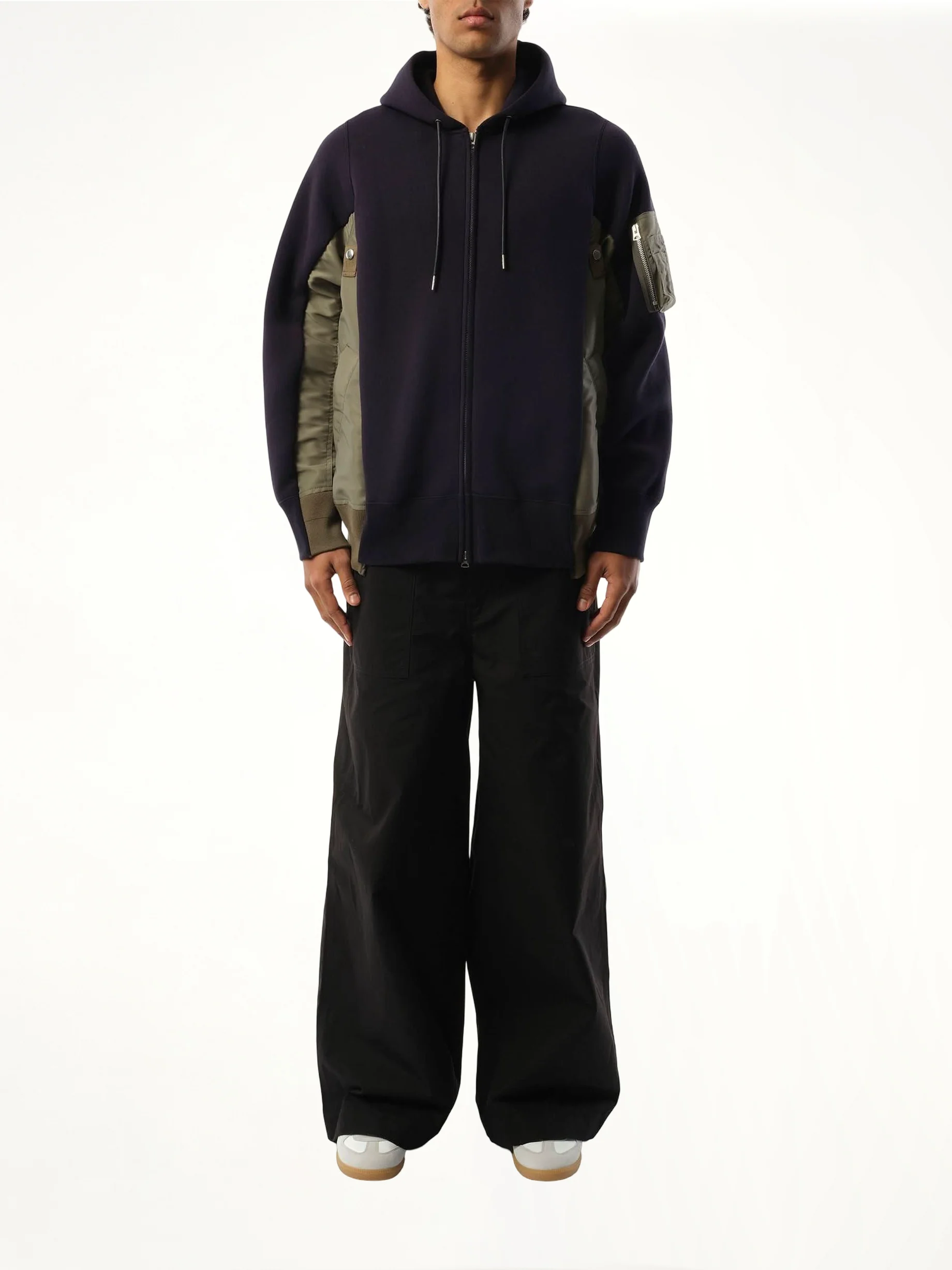 Sponge Sweat Nylon Twill Zip Hoodie in Navy/Khaki - Image 4