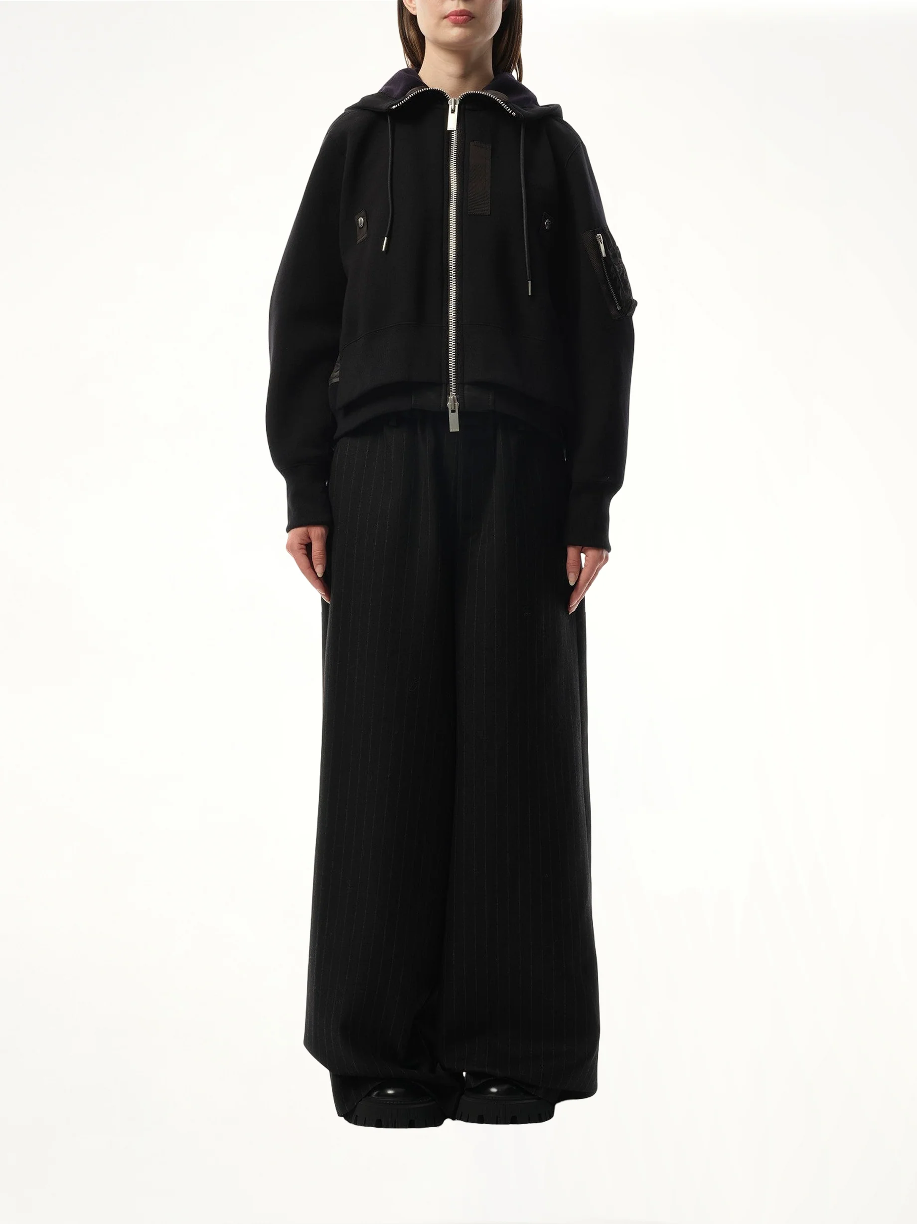 Sponge Sweat x Nylon Twill Zip Hoodie in Black - Image 4