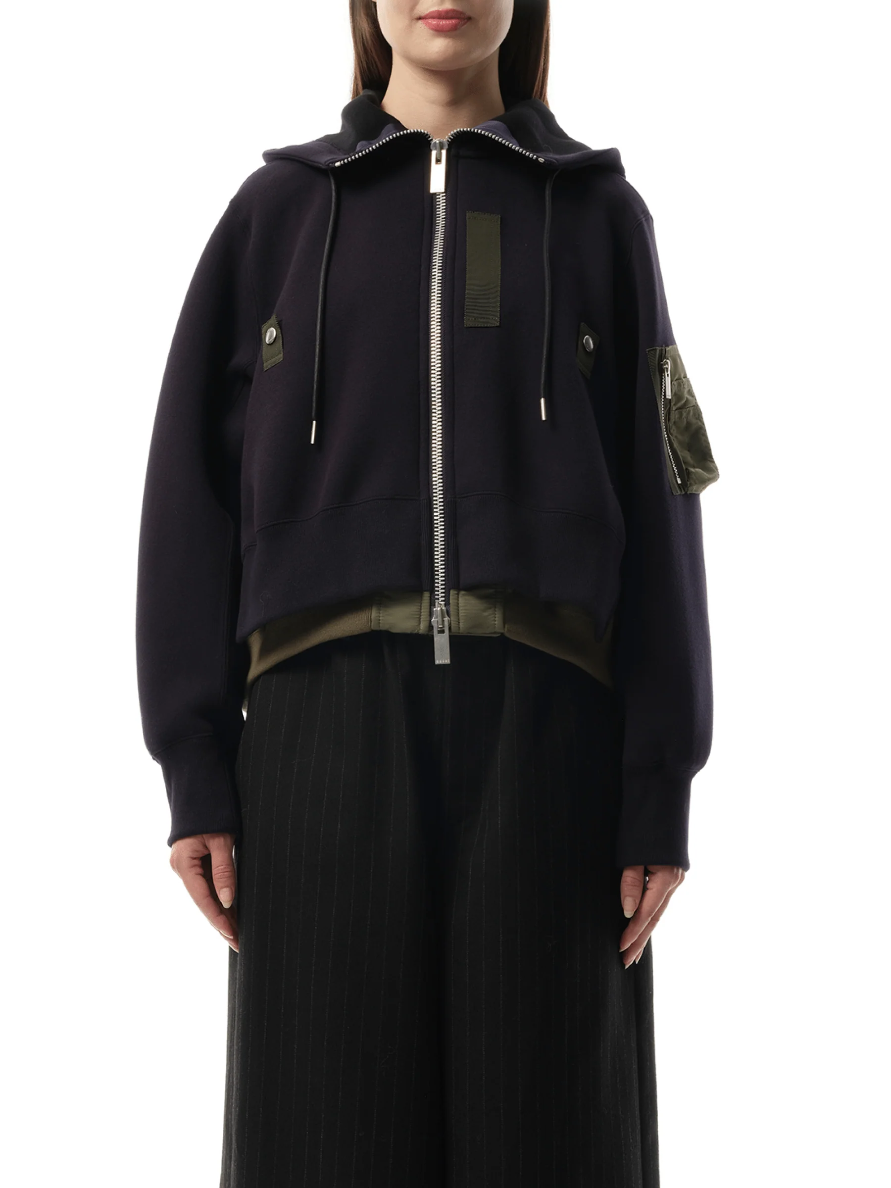 Sponge Sweat Nylon Twill Zip Hoodie in Navy/Khaki