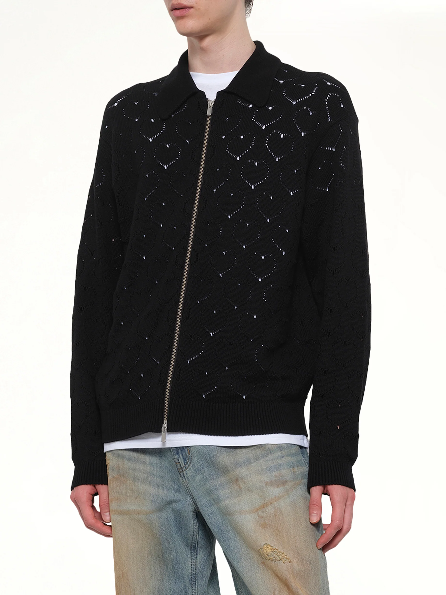Eyelet Knitted Zip Up in Black - Image 6