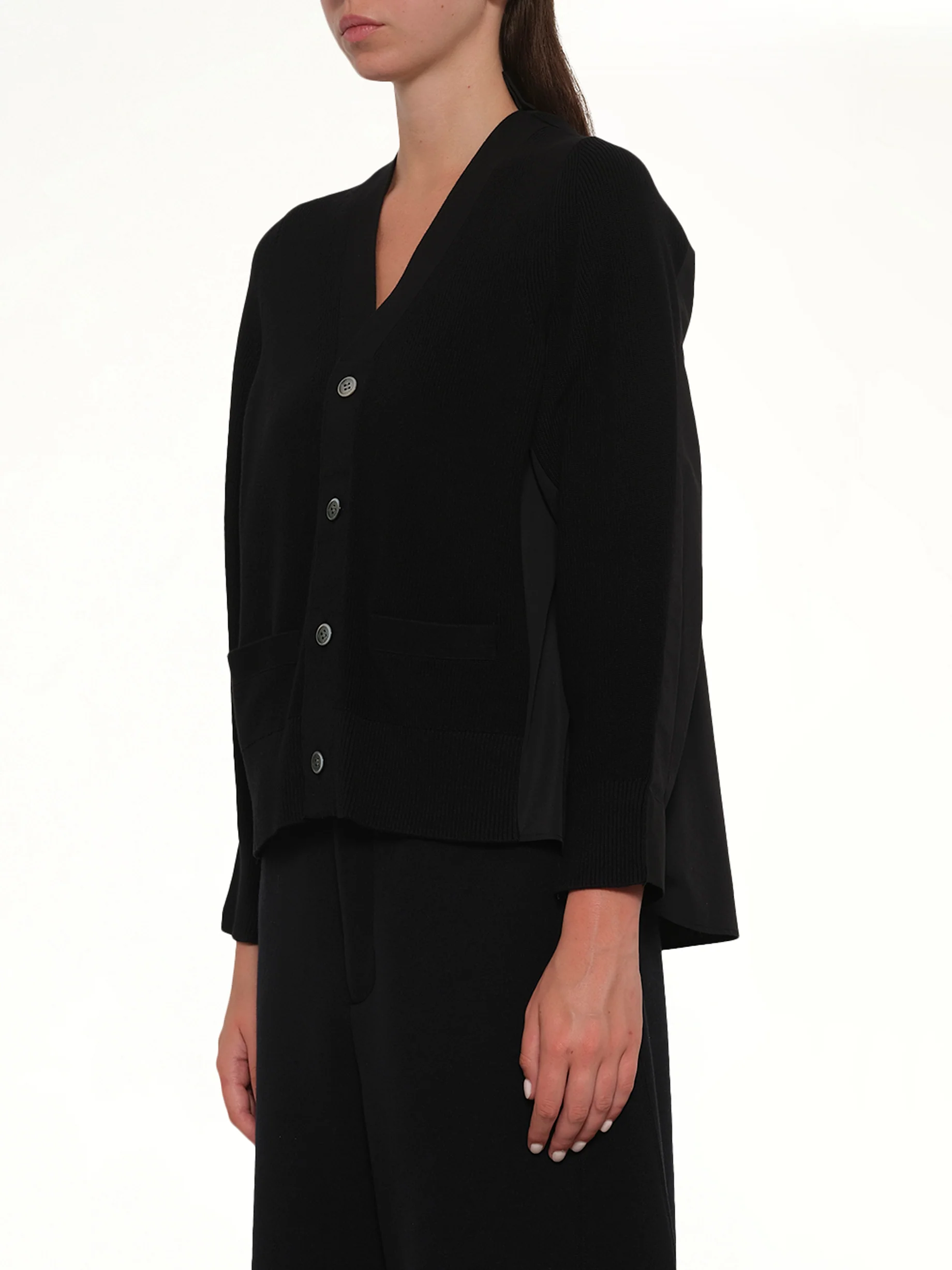 Cotton Knit x Cotton Poplin Cardigan in Black - Image 3