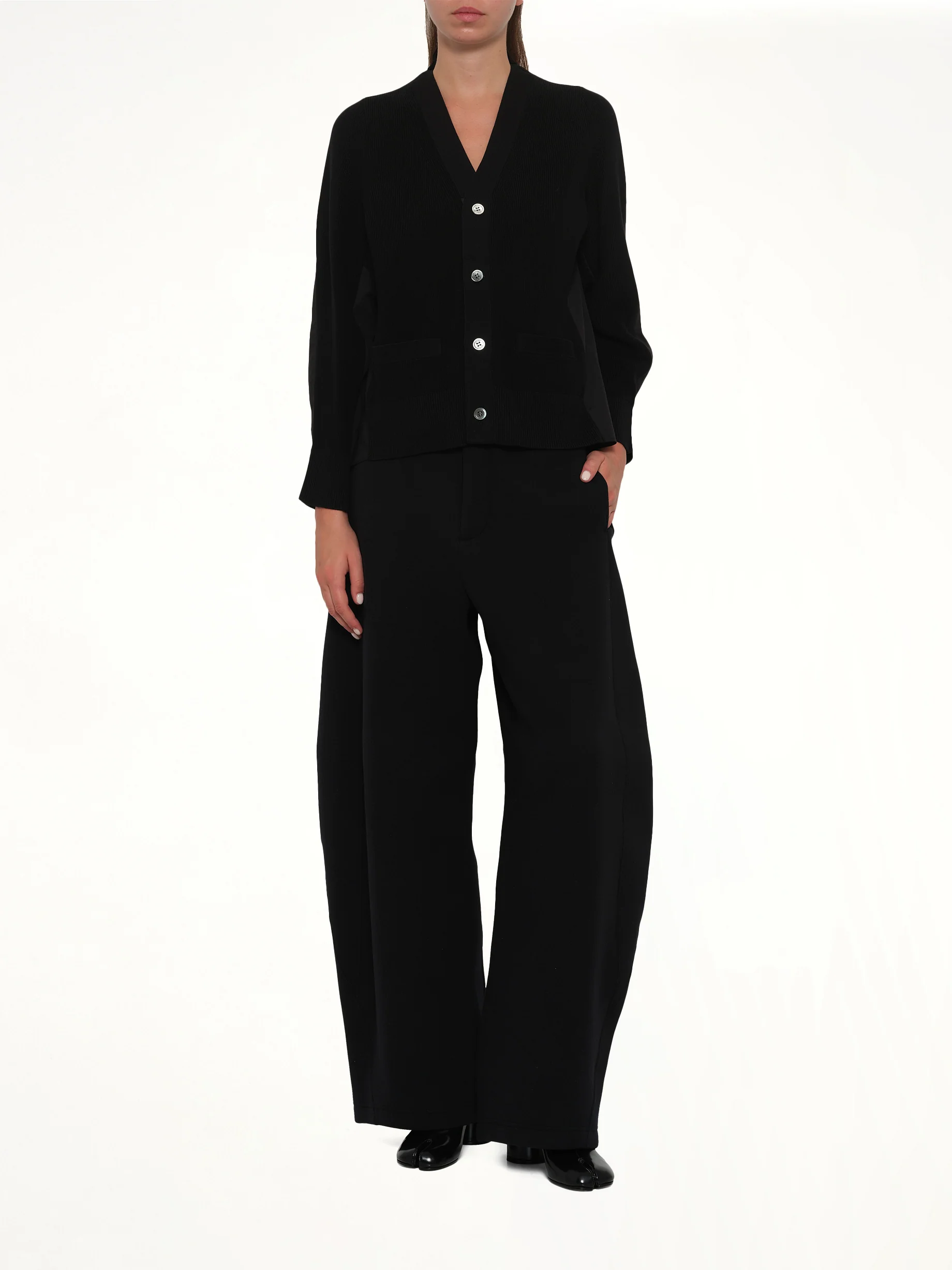 Cotton Knit x Cotton Poplin Cardigan in Black - Image 4