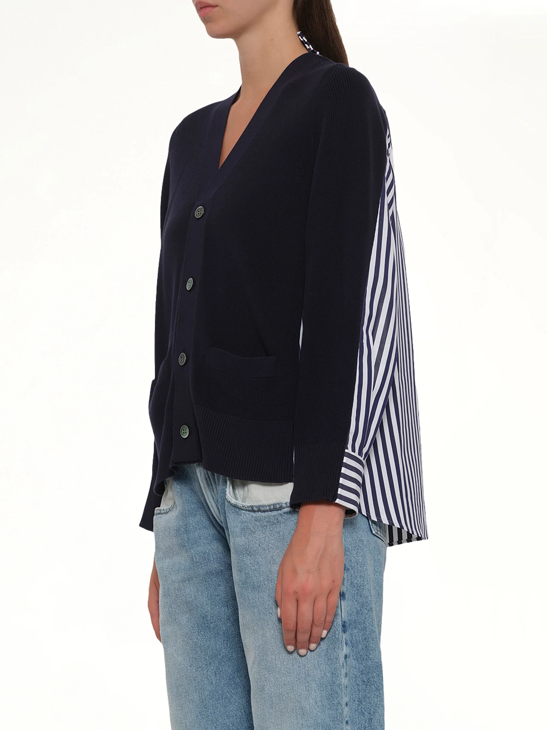 Cotton Knit x Cotton Poplin Cardigan in Navy - Image 3