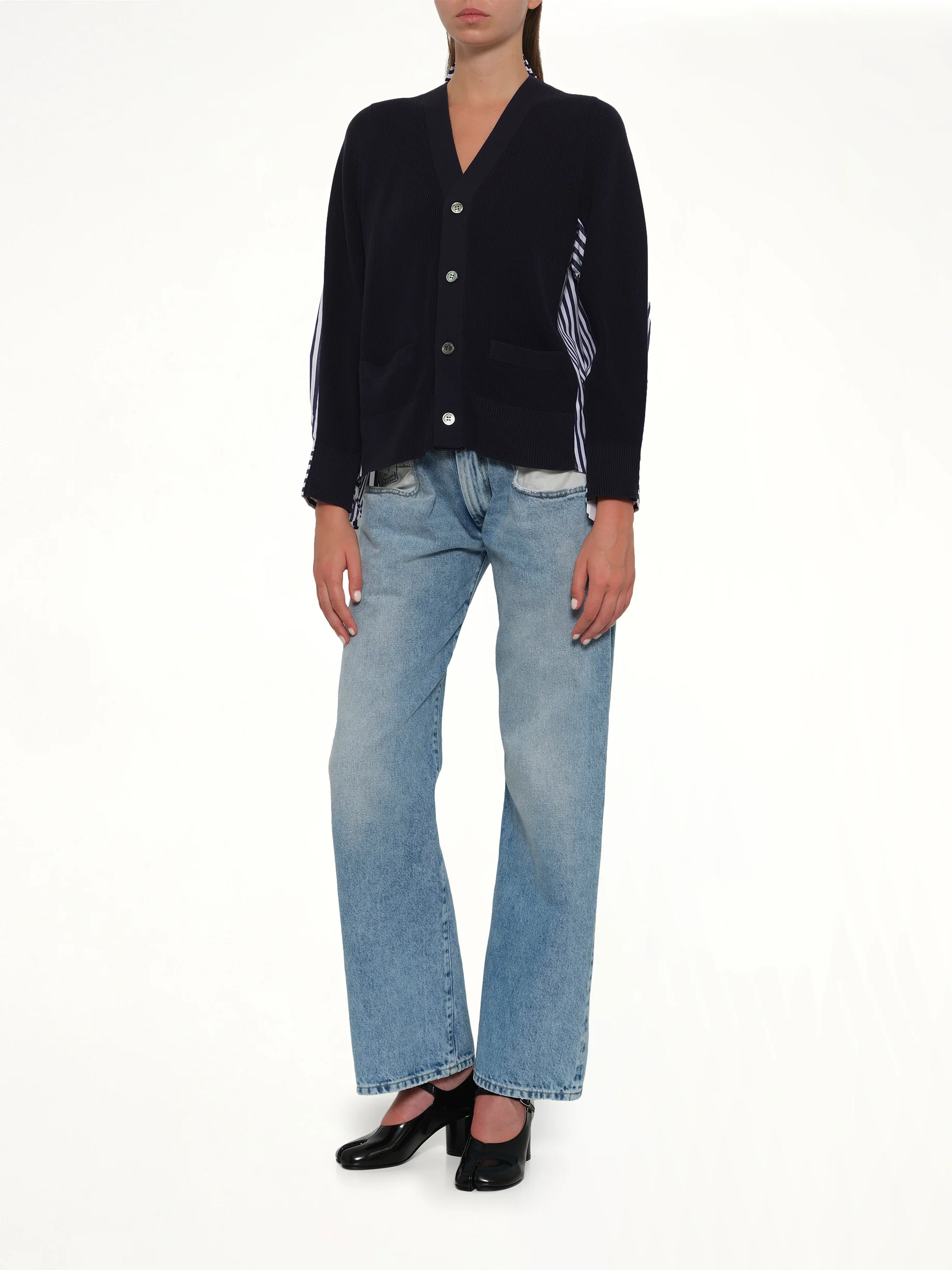 Cotton Knit x Cotton Poplin Cardigan in Navy - Image 4