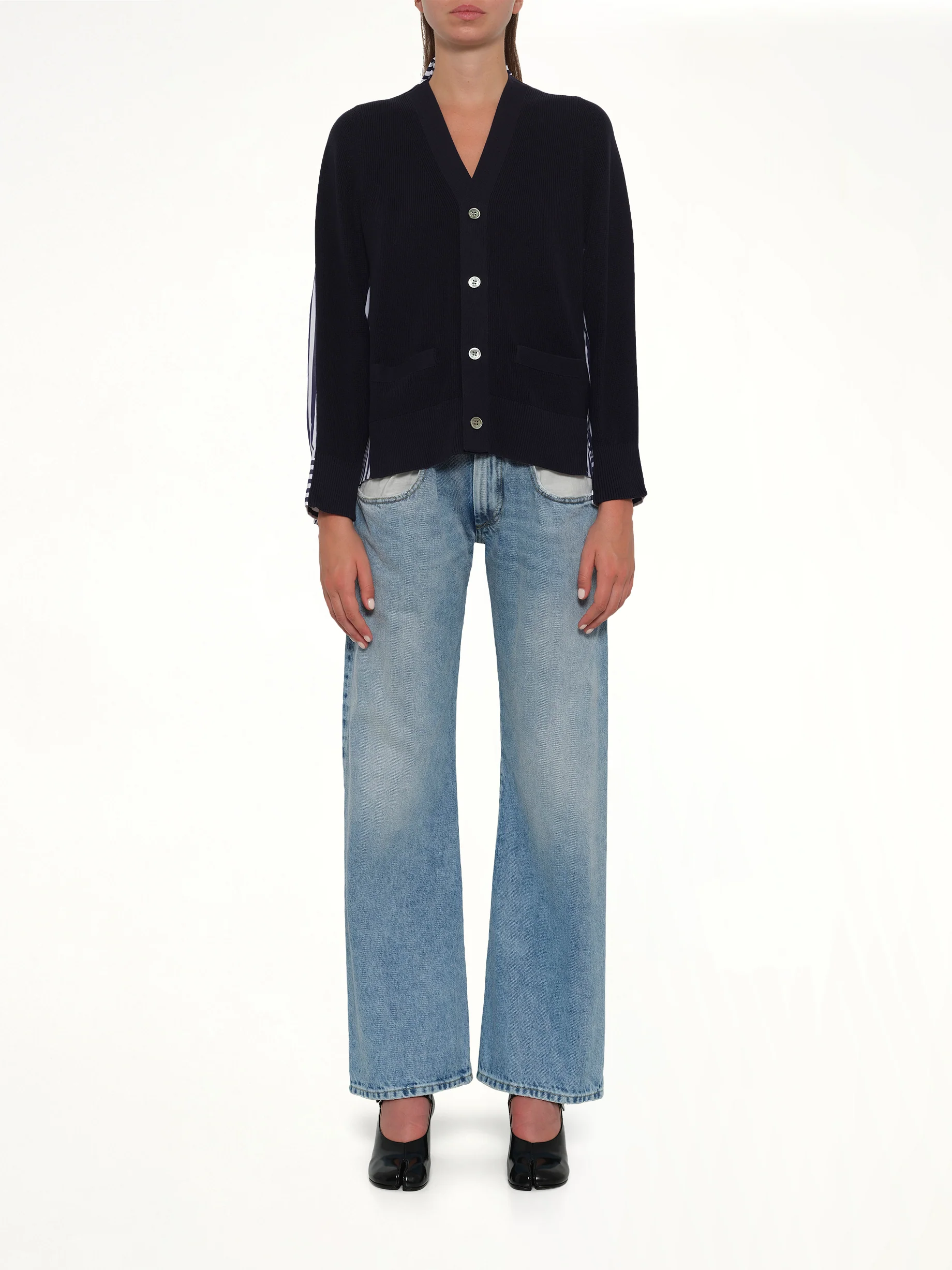 Cotton Knit x Cotton Poplin Cardigan in Navy - Image 7