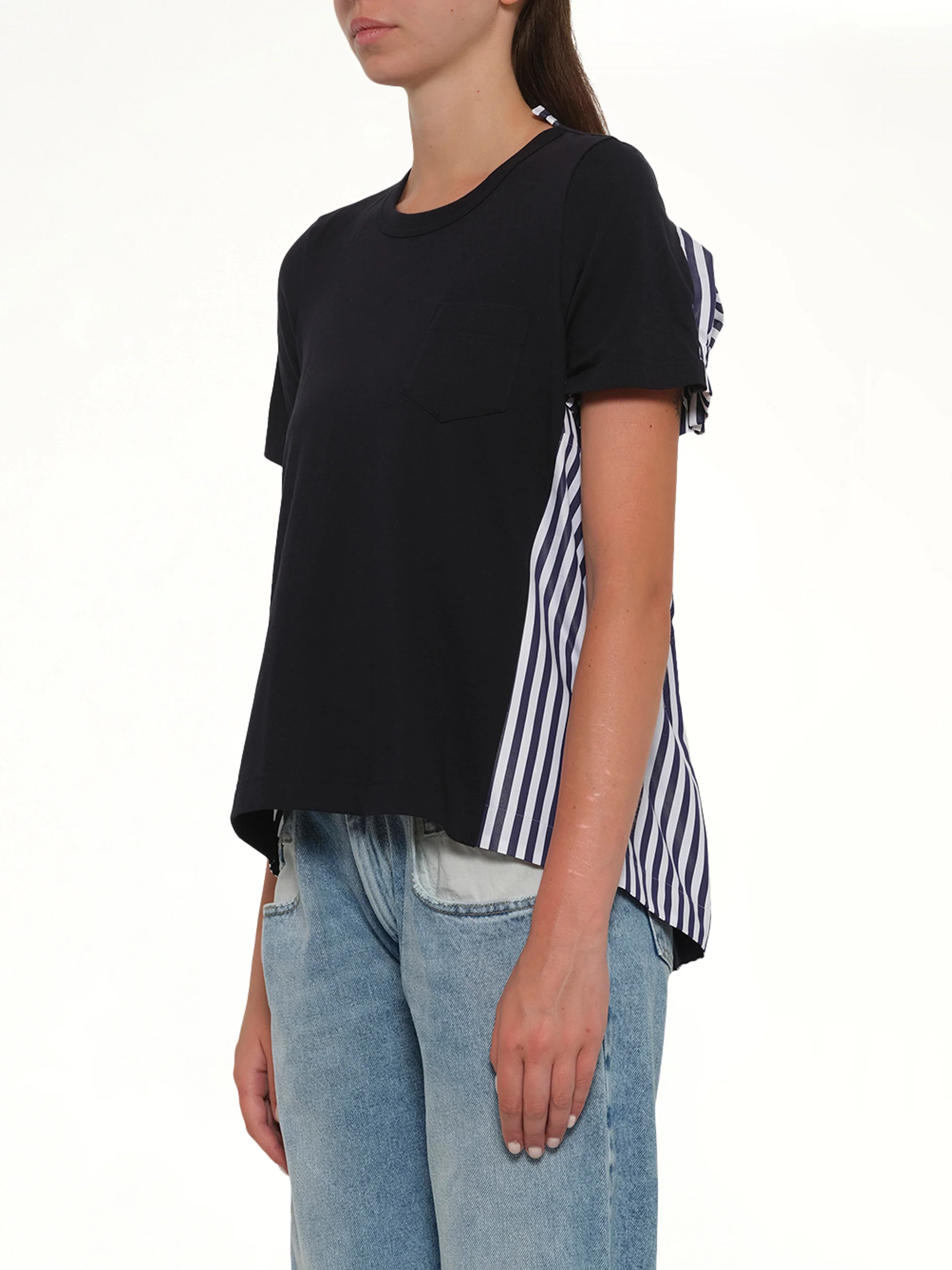 Cotton Poplin x Cotton Jersey T-Shirt in Navy/Stripe - Image 3