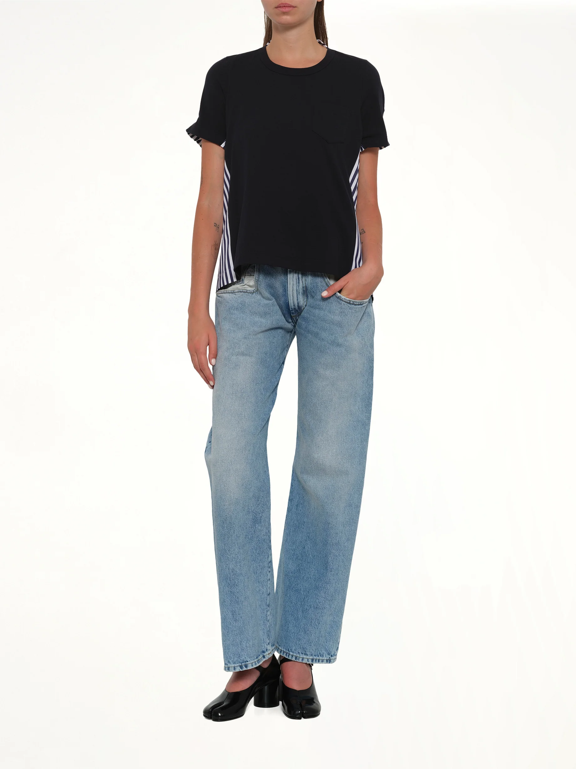 Cotton Poplin x Cotton Jersey T-Shirt in Navy/Stripe - Image 4
