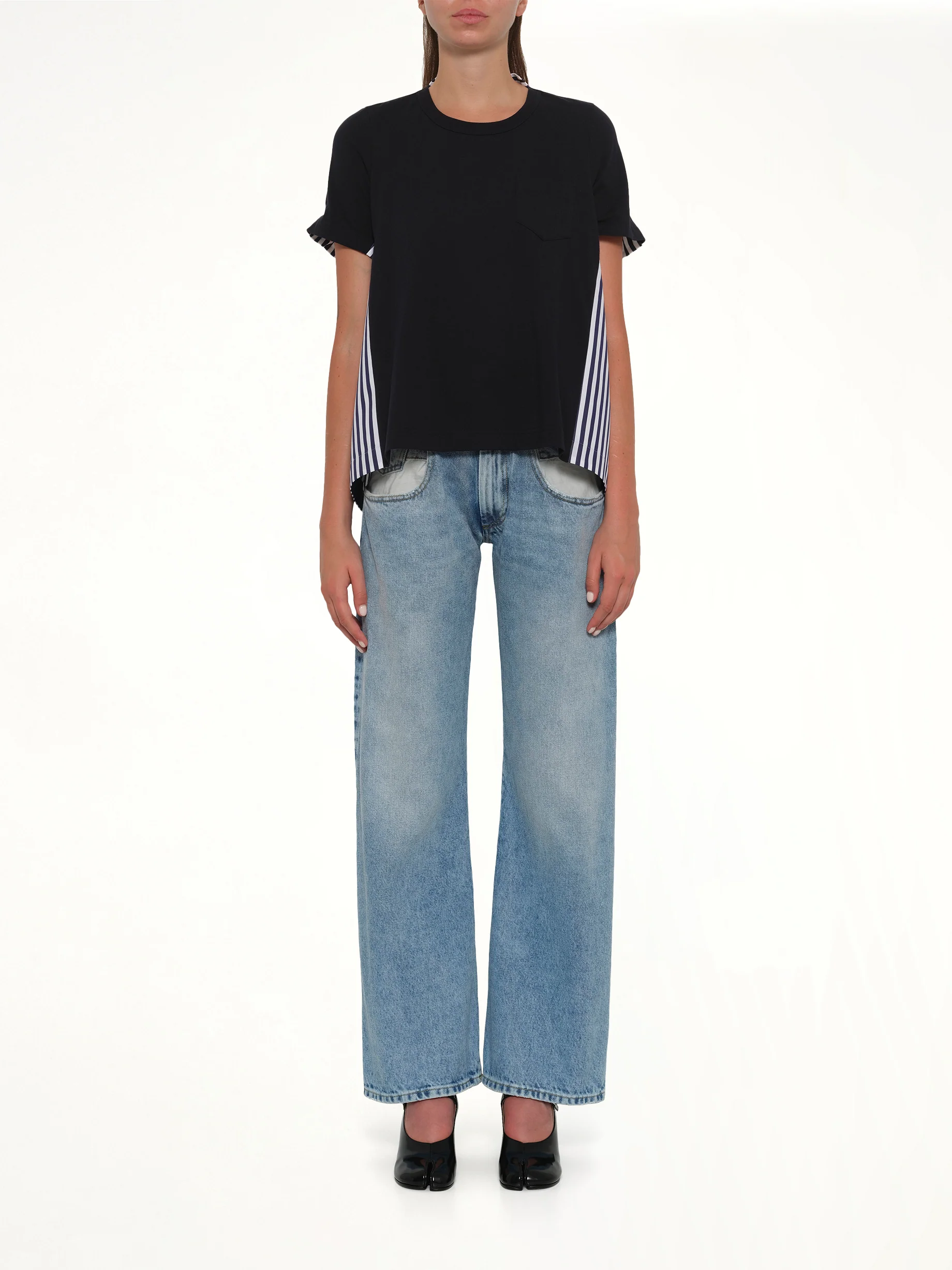 Cotton Poplin x Cotton Jersey T-Shirt in Navy/Stripe - Image 7