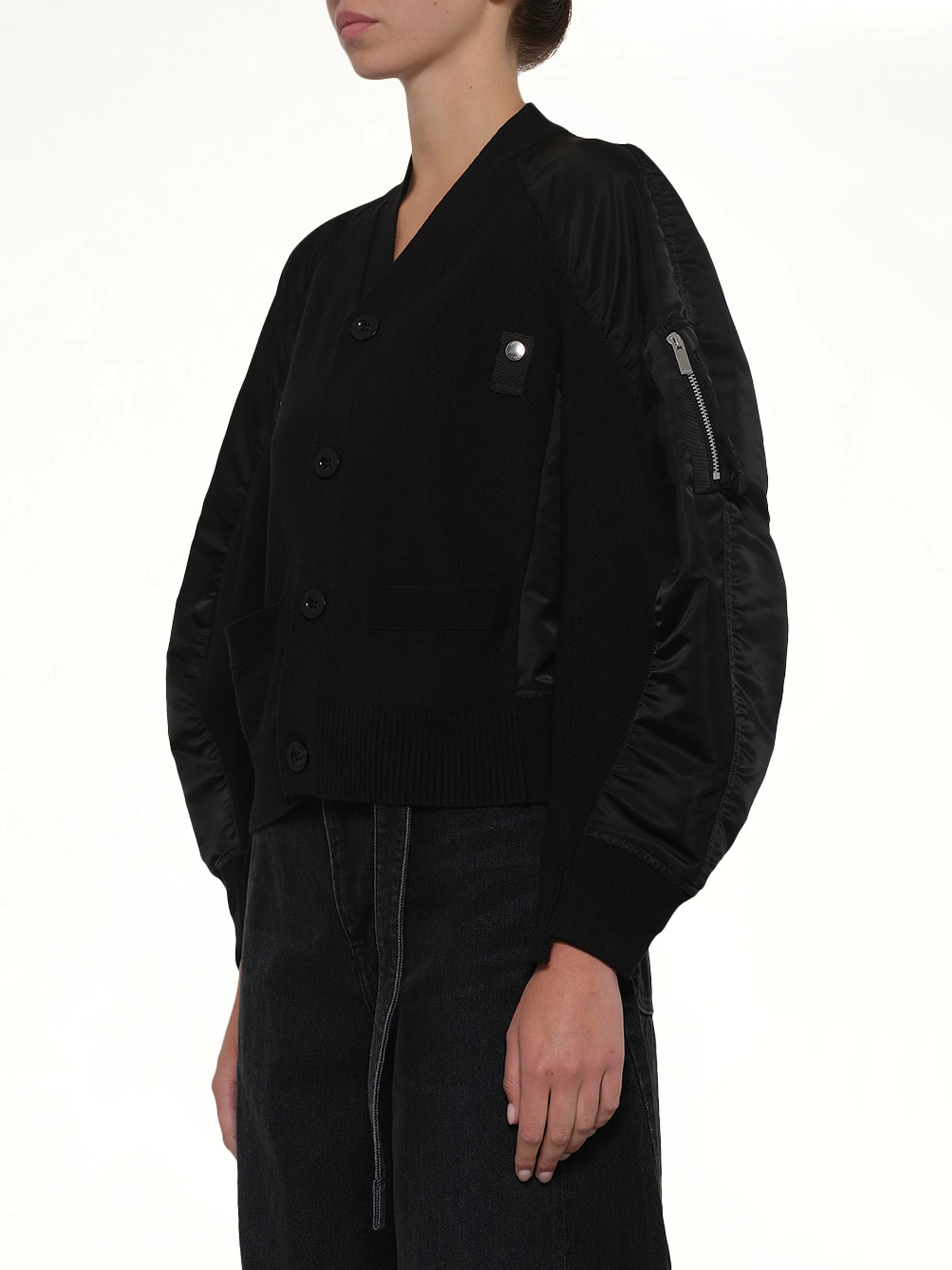 Nylon Twill x Knit Cardigan in Black - Image 3