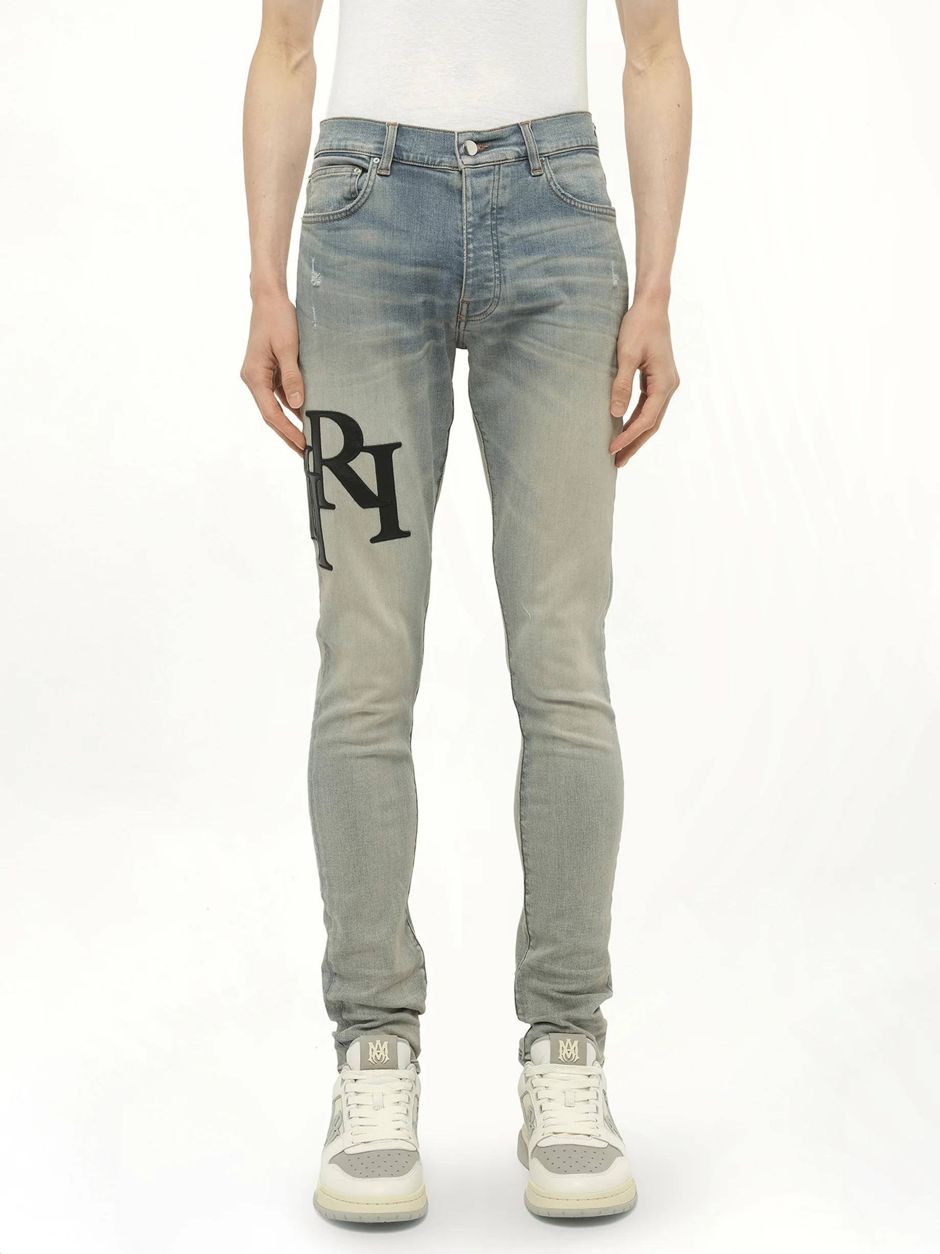 Staggered Logo Skinny Jeans in Antique Indigo/Black