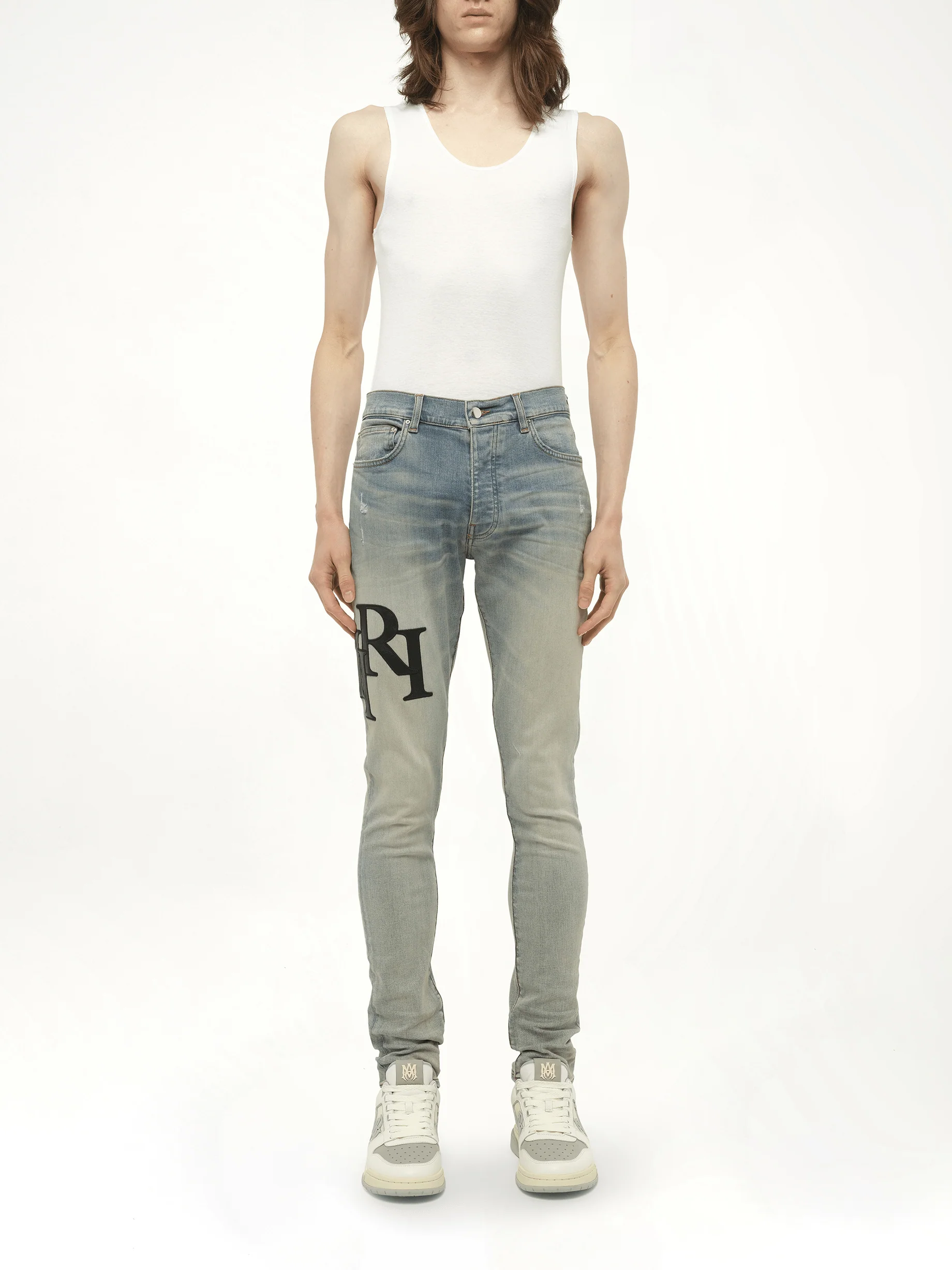 Staggered Logo Skinny Jeans in Antique Indigo/Black - Image 7