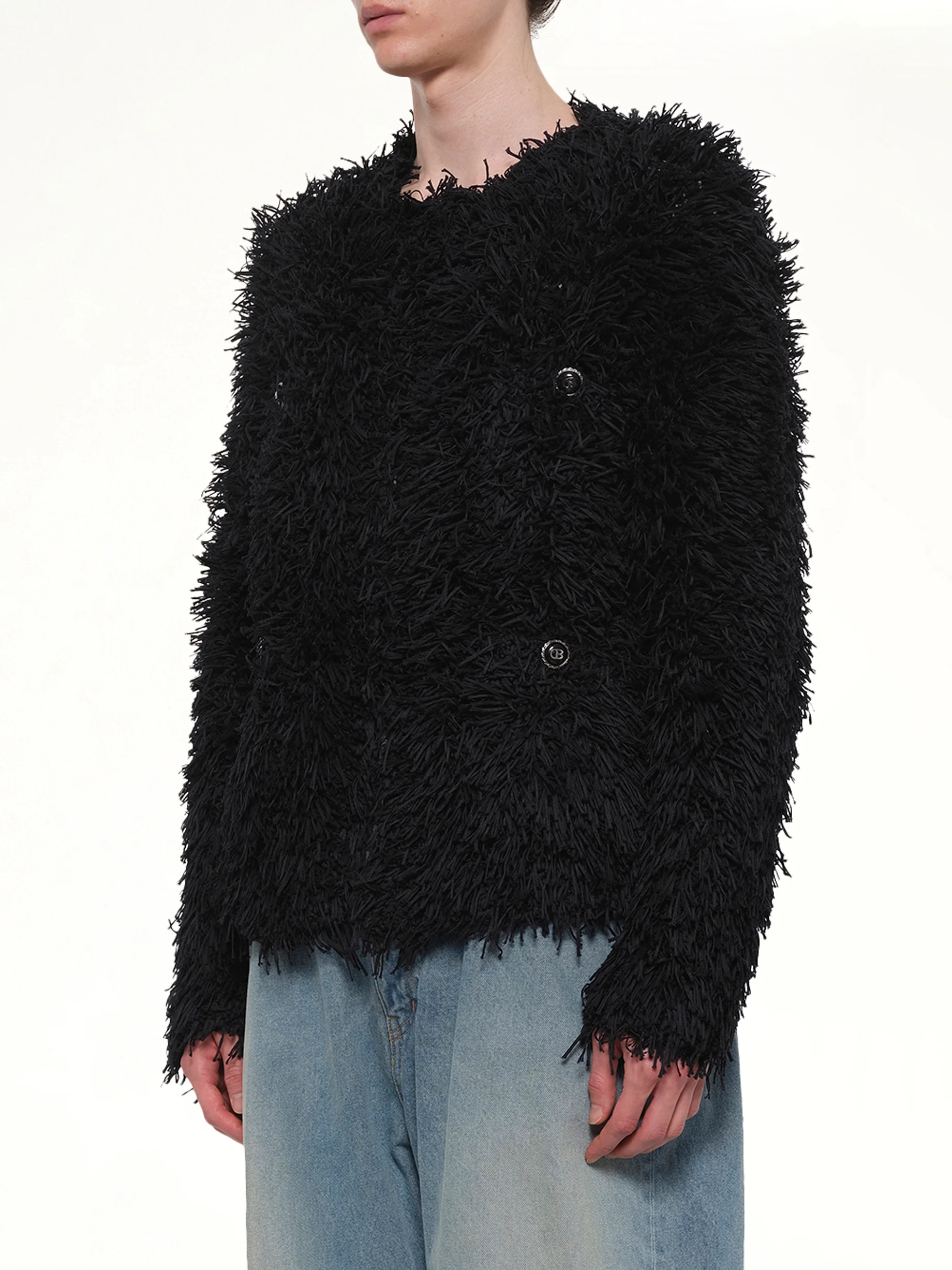 Straw Tweed Knit Cardigan in Black - Image 3