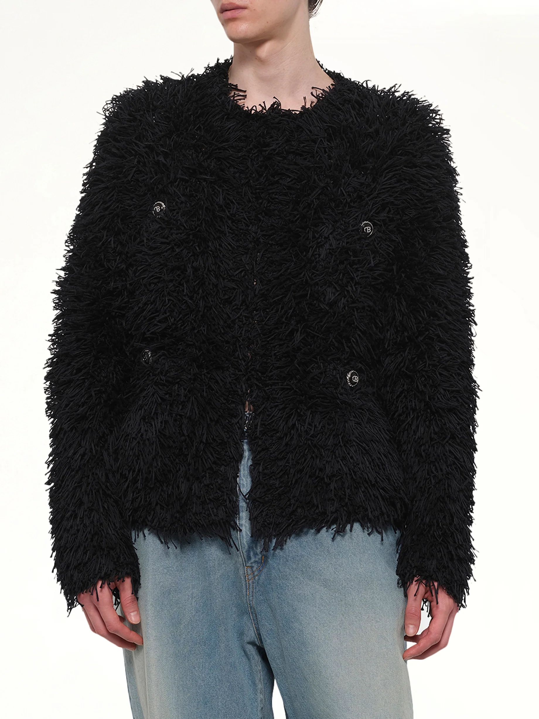 Straw Tweed Knit Cardigan in Black - Image 6