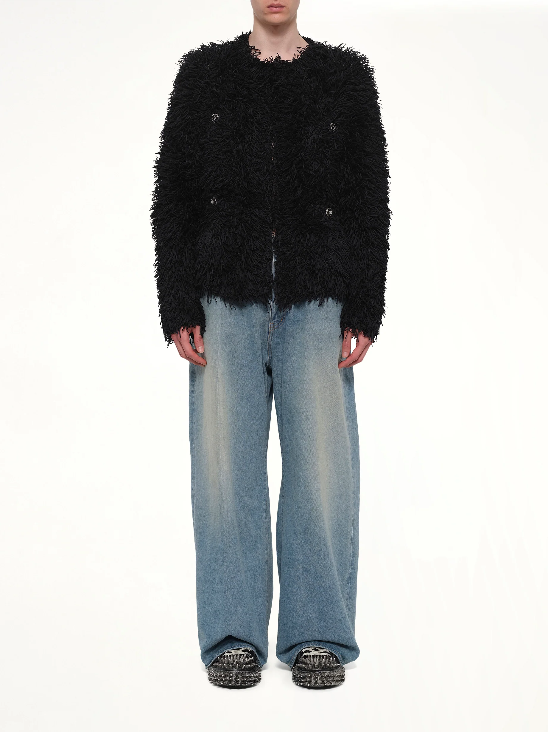 Straw Tweed Knit Cardigan in Black - Image 7