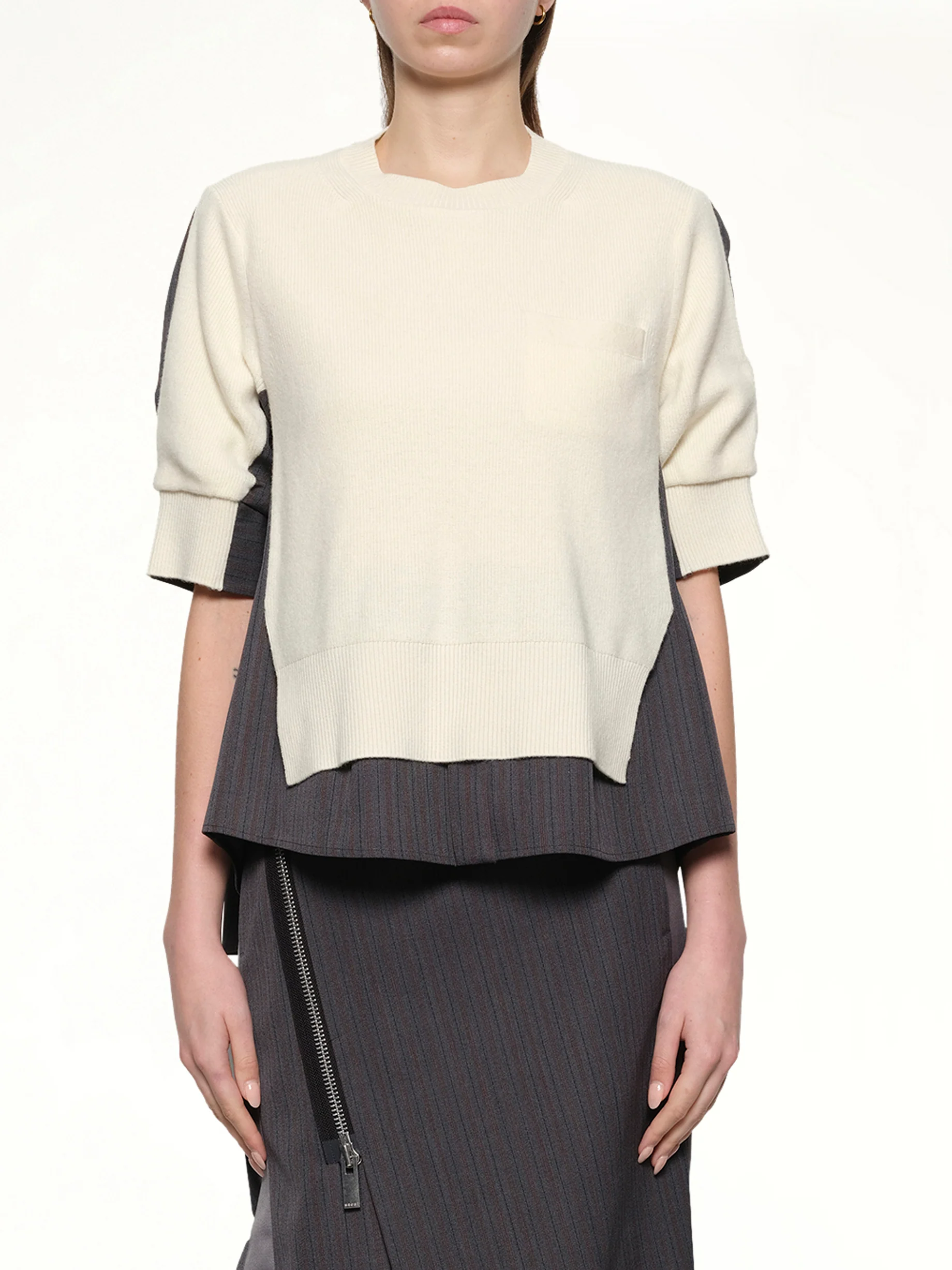 Stripe Doeskin x Wool Knit Pullover in Off White/Gray