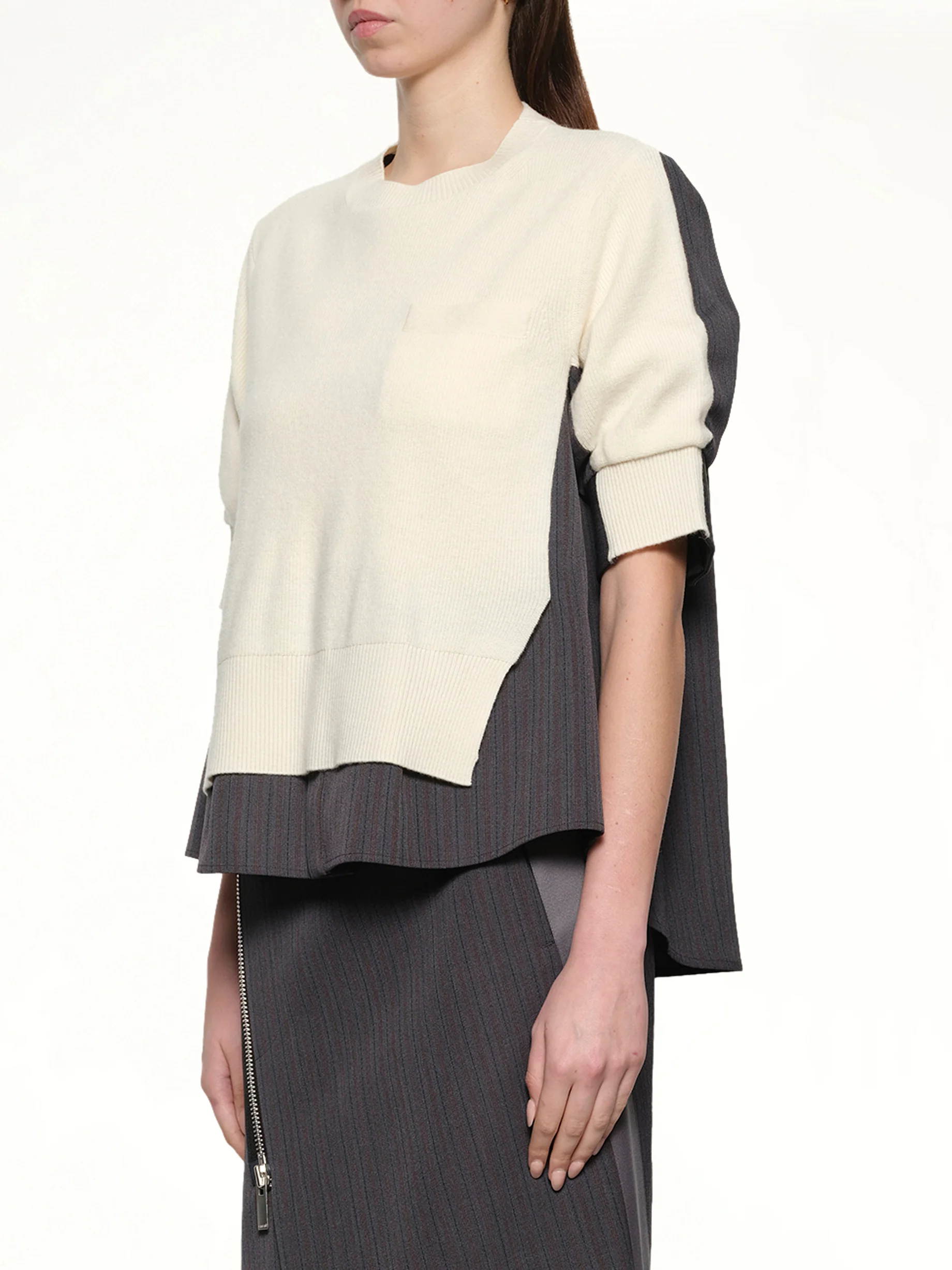 Stripe Doeskin x Wool Knit Pullover in Off White/Gray - Image 3