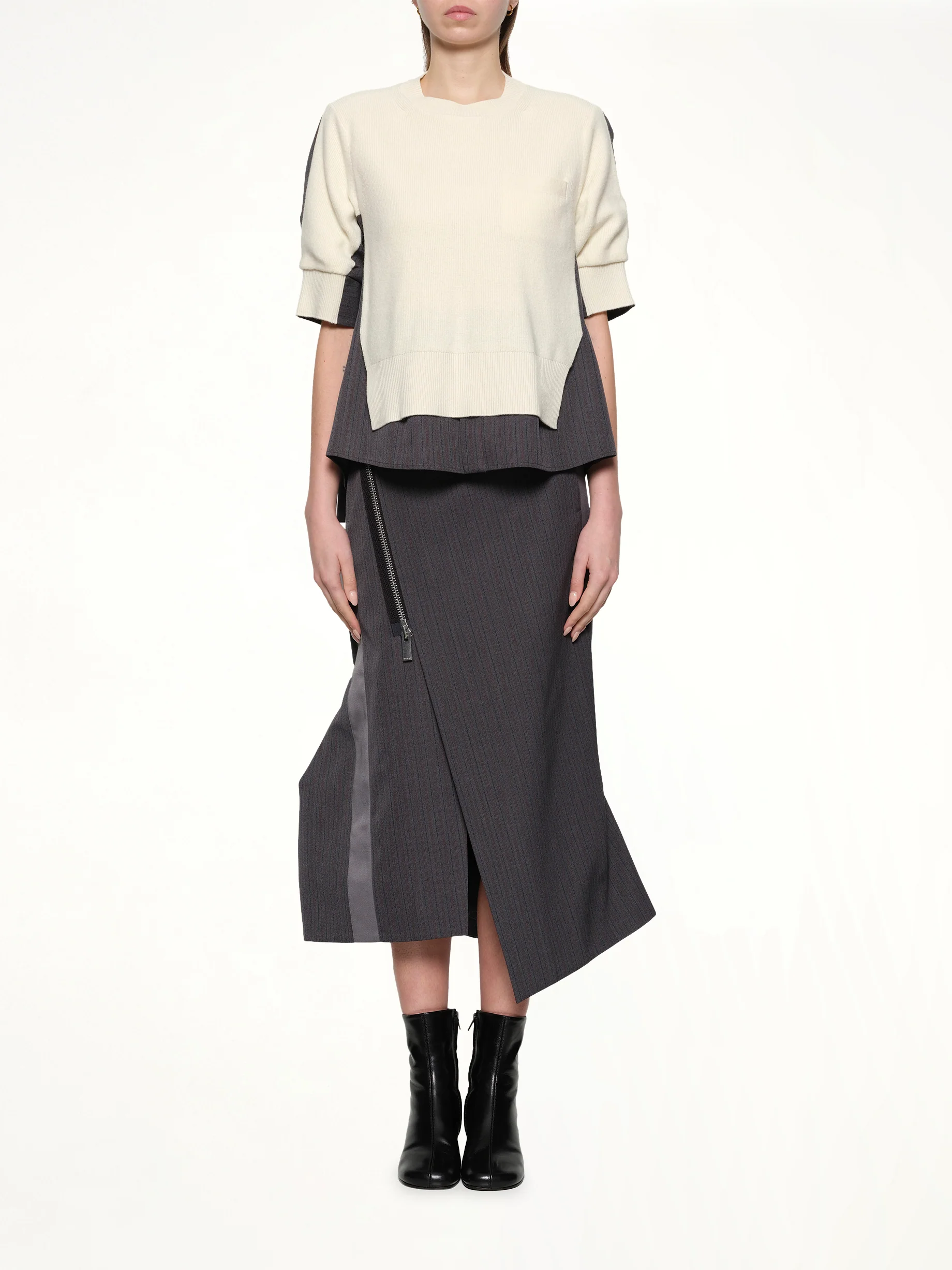 Stripe Doeskin x Wool Knit Pullover in Off White/Gray - Image 7
