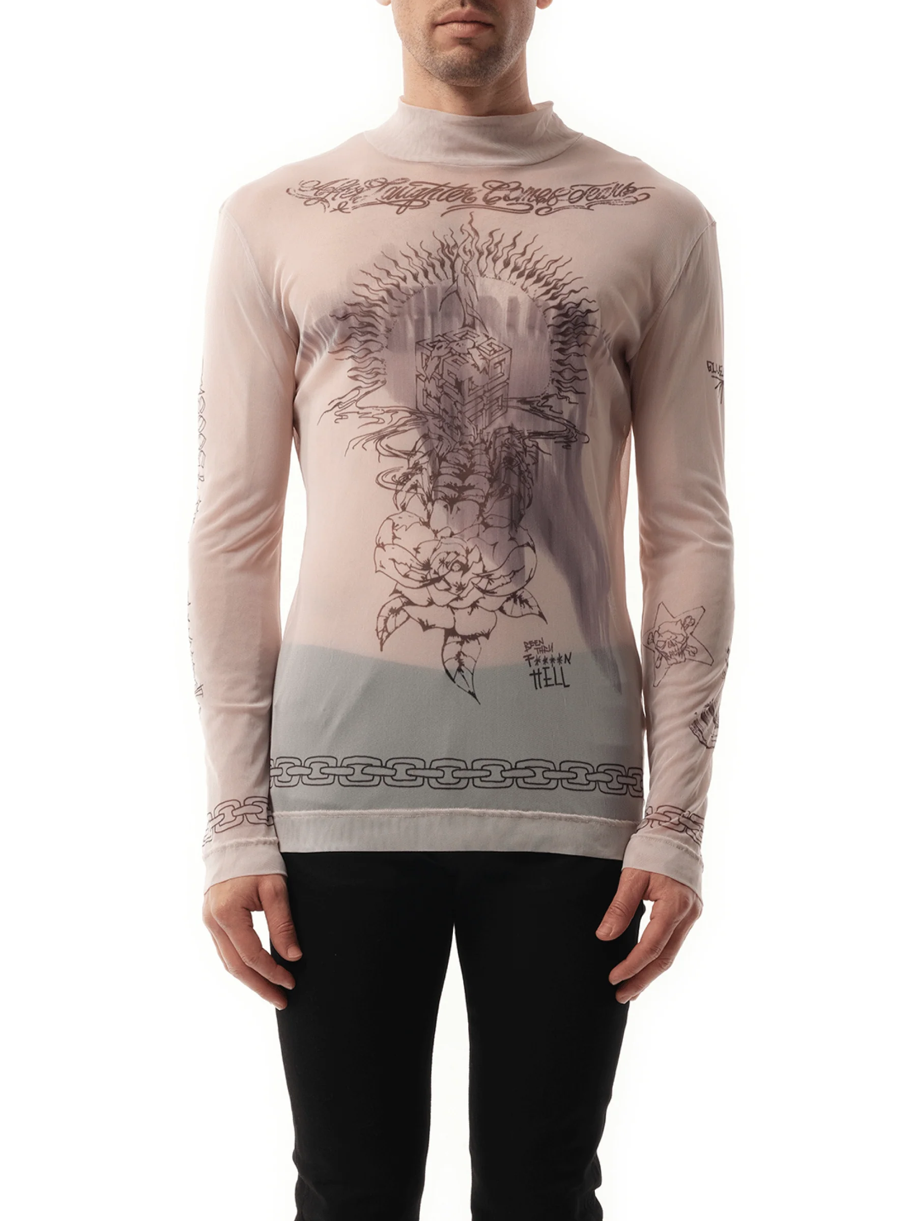 Tattoo Shrine Mesh Long Sleeve T-Shirt in Beige