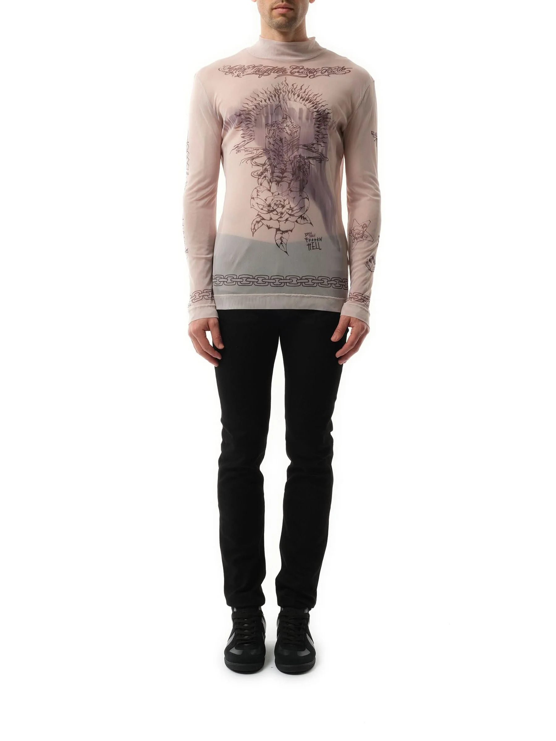 Tattoo Shrine Mesh Long Sleeve T-Shirt in Beige - Image 4
