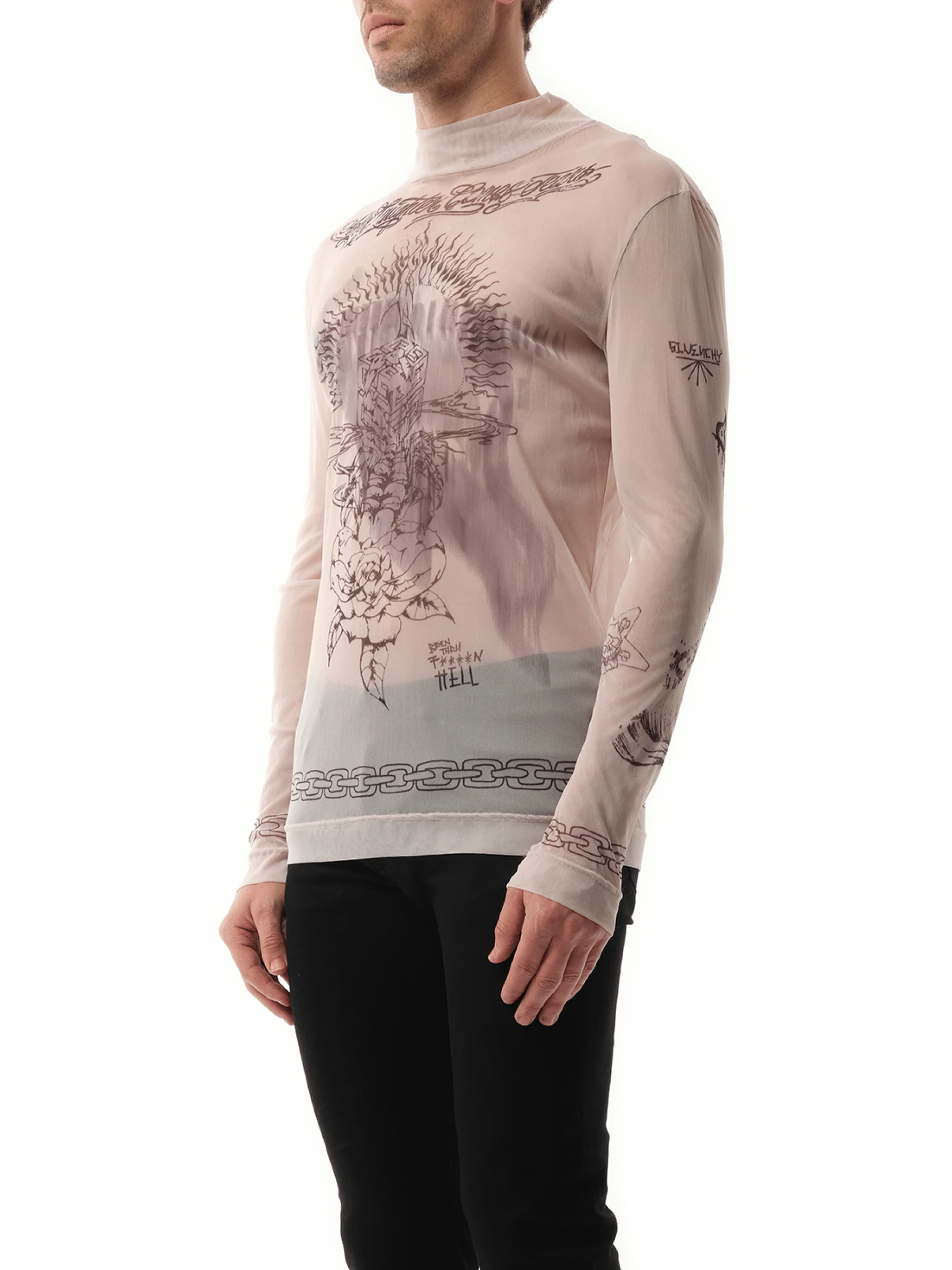 Tattoo Shrine Mesh Long Sleeve T-Shirt in Beige - Image 5