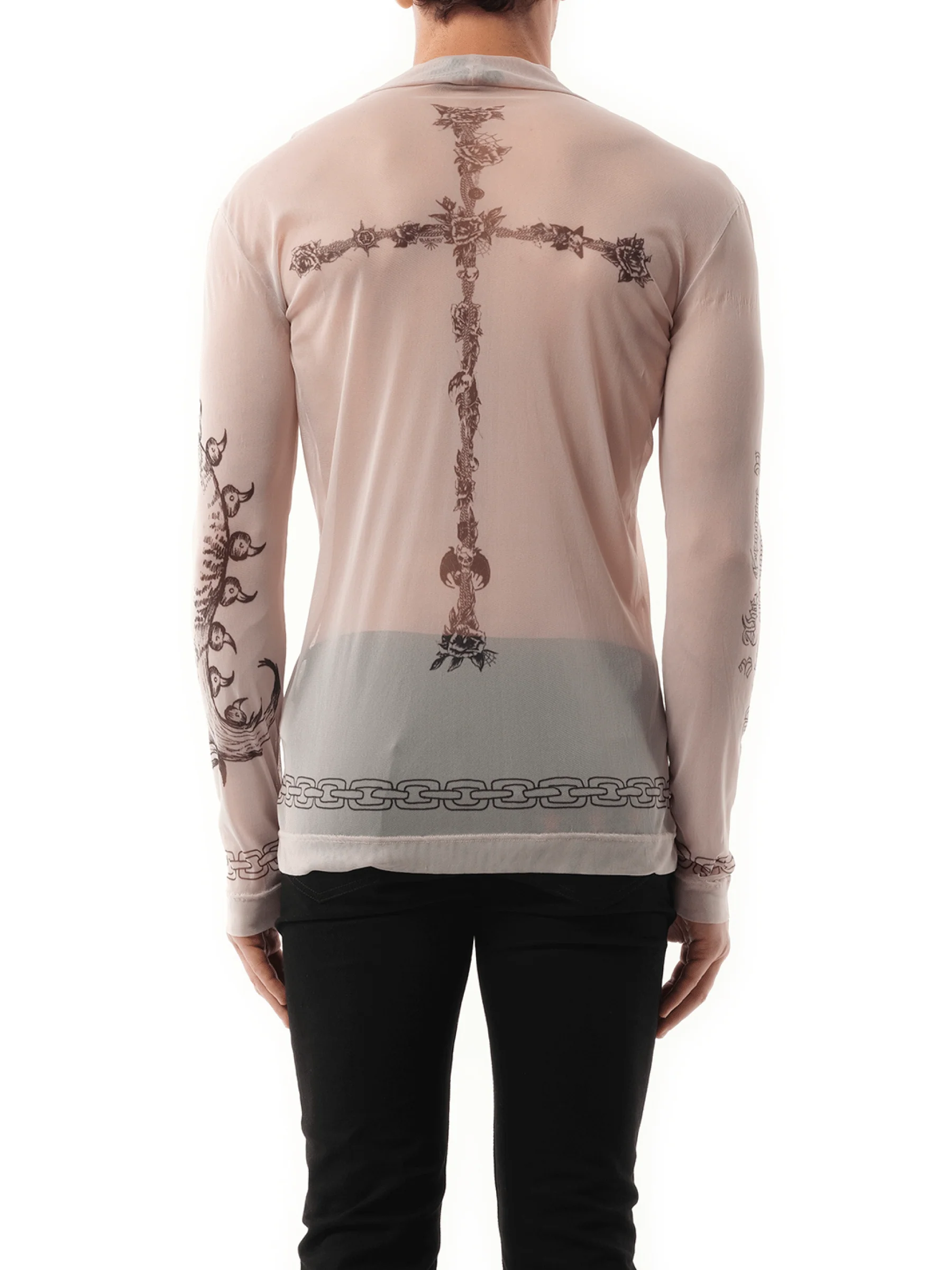 Tattoo Shrine Mesh Long Sleeve T-Shirt in Beige - Image 6