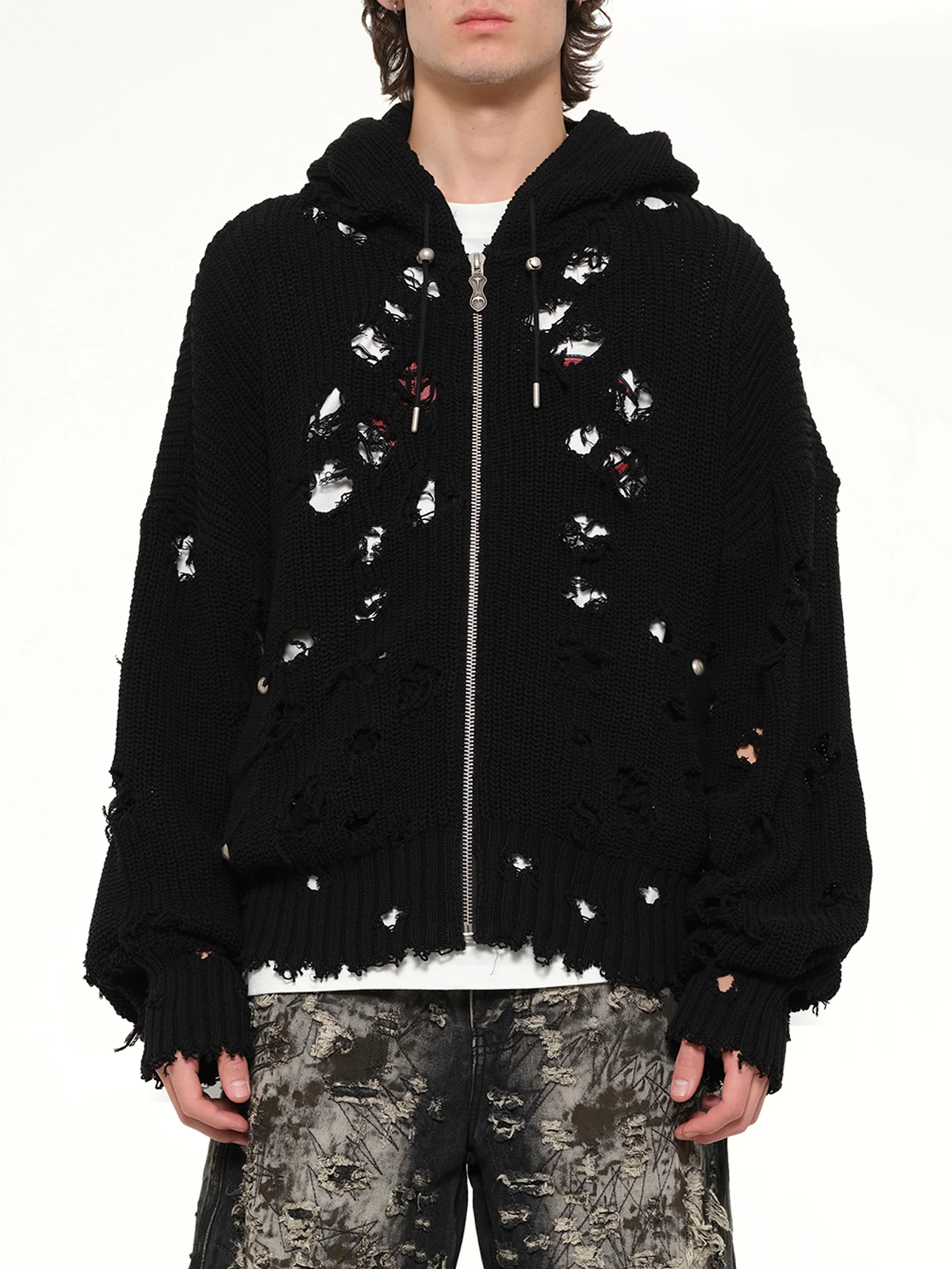 TC Destroyed Knit Zip-Up Hoodie in Black